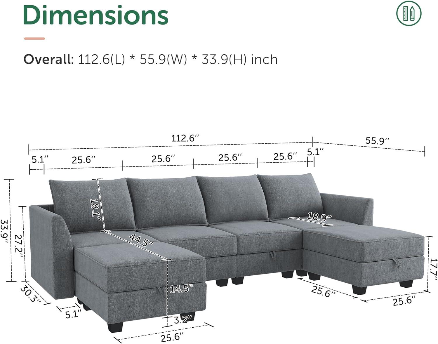 HONBAY Modular Sectional Sofa with Reversible Chaises Sofa with Ottomans U Shaped Sectional Couch for Living Room, Bluish Grey