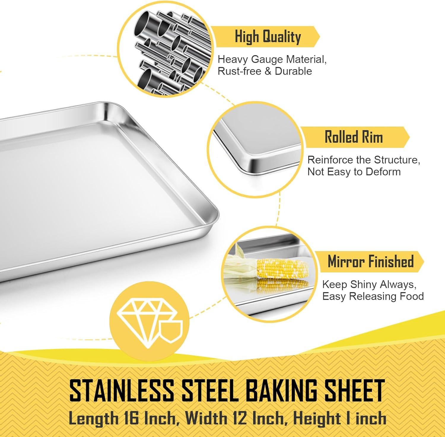 Baking Sheet with Rack Set, Yododo 2 Sets Stainless Steel Baking Pans Tray Cookie Sheet with Cooling Rack, Rectangle Size 16 x 12 x 1 inch, Non Toxic & Healthy- 4 Pack (2 Pans + 2 Racks)