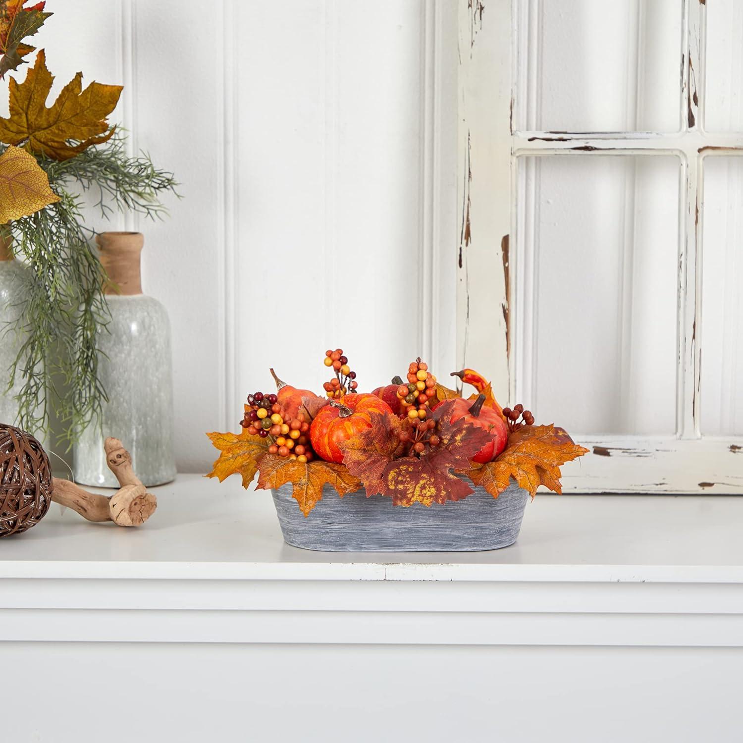 Nearly Natural 12-in Fall Pumpkin and Berries Autumn Harvest Artificial Arrangement in Washed Vase