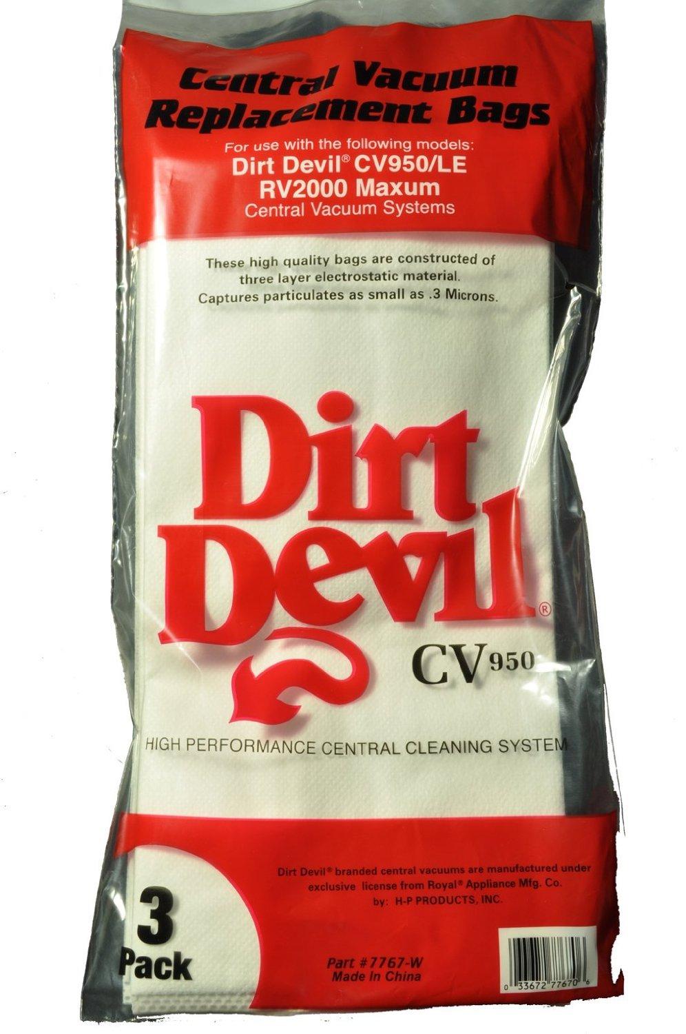 Dirt Devil Central Vacuum Cleaner HP, CV950,CV1500 Vacuum Bags 3 Pk Part # 7767-W, 9597