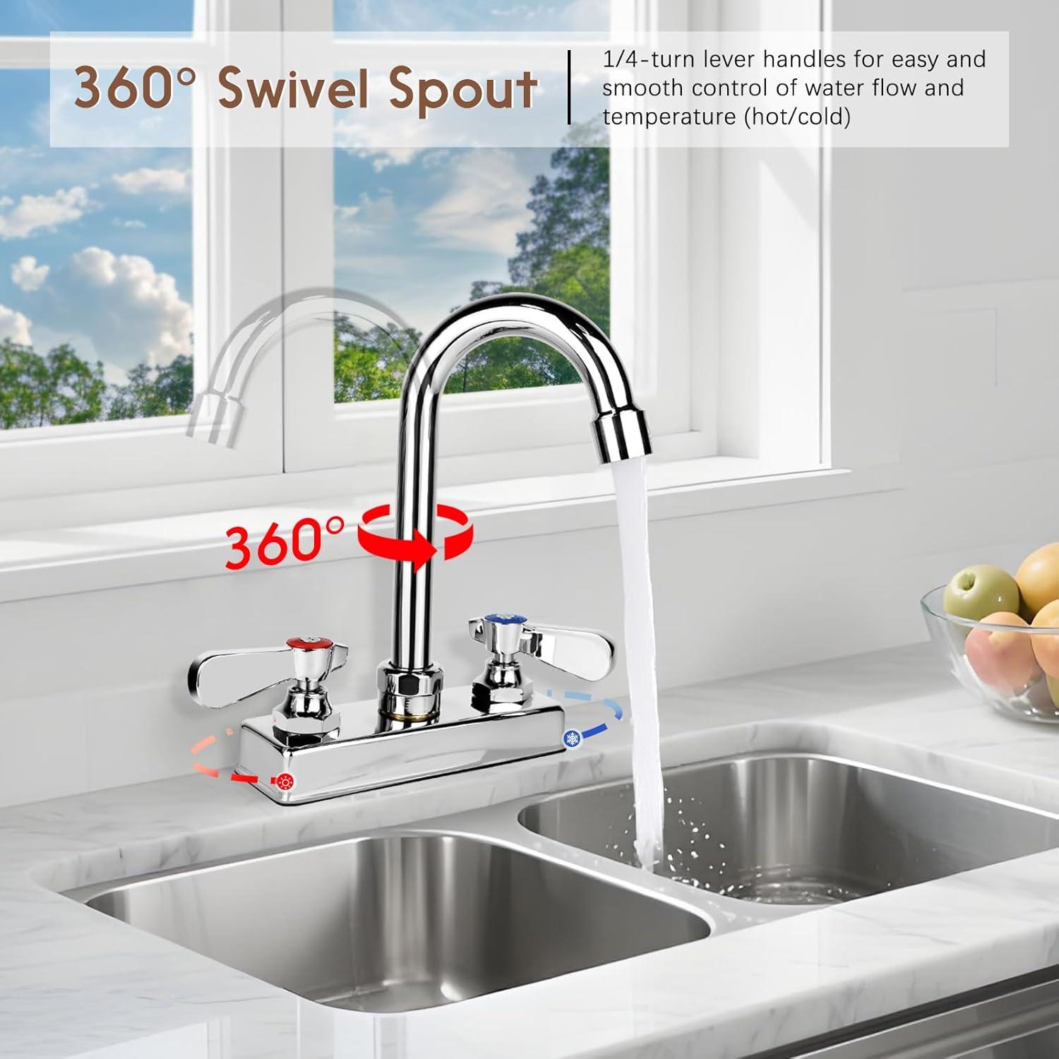 KWODE 4 Inch Center Commercial Hand Sink Faucet with 3-1/2”Gooseneck Spout, Dual Lever Handle Wall Mount Kitchen Sink Faucet, Brass Constructed, Chrome