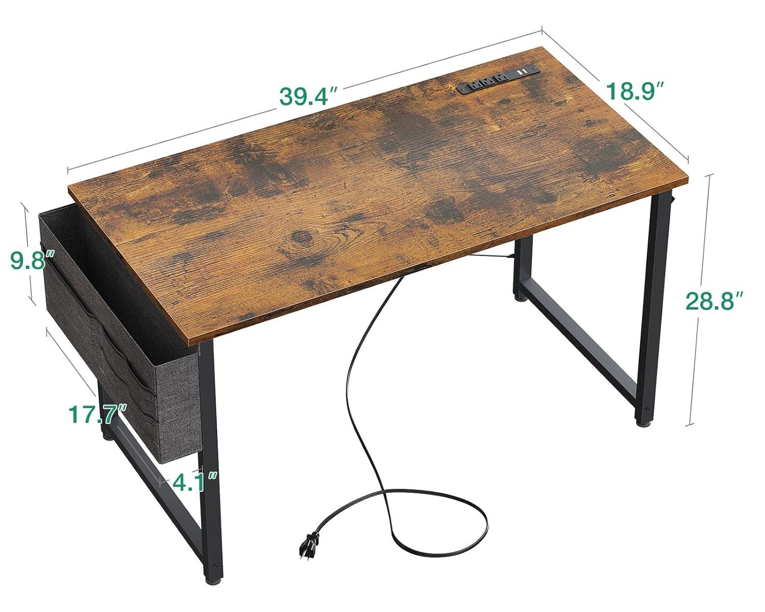KKL Small Desk with Power Outlets and USB Port Computer Desk for Home Office Gaming Simple Modern Style Writing Desks with Storage Bag Headphone Hook, 40 inch, Rustic Brown