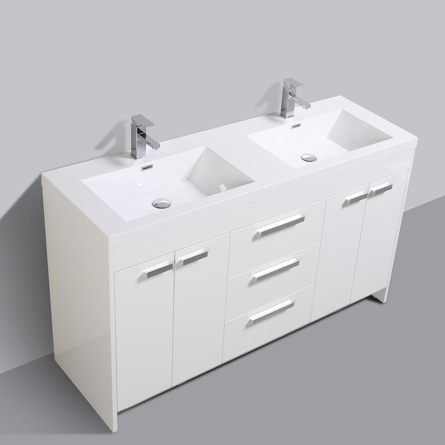 Eviva Lugano 60" White Modern Bathroom Vanity with White Integrated Acrylic Double Sink