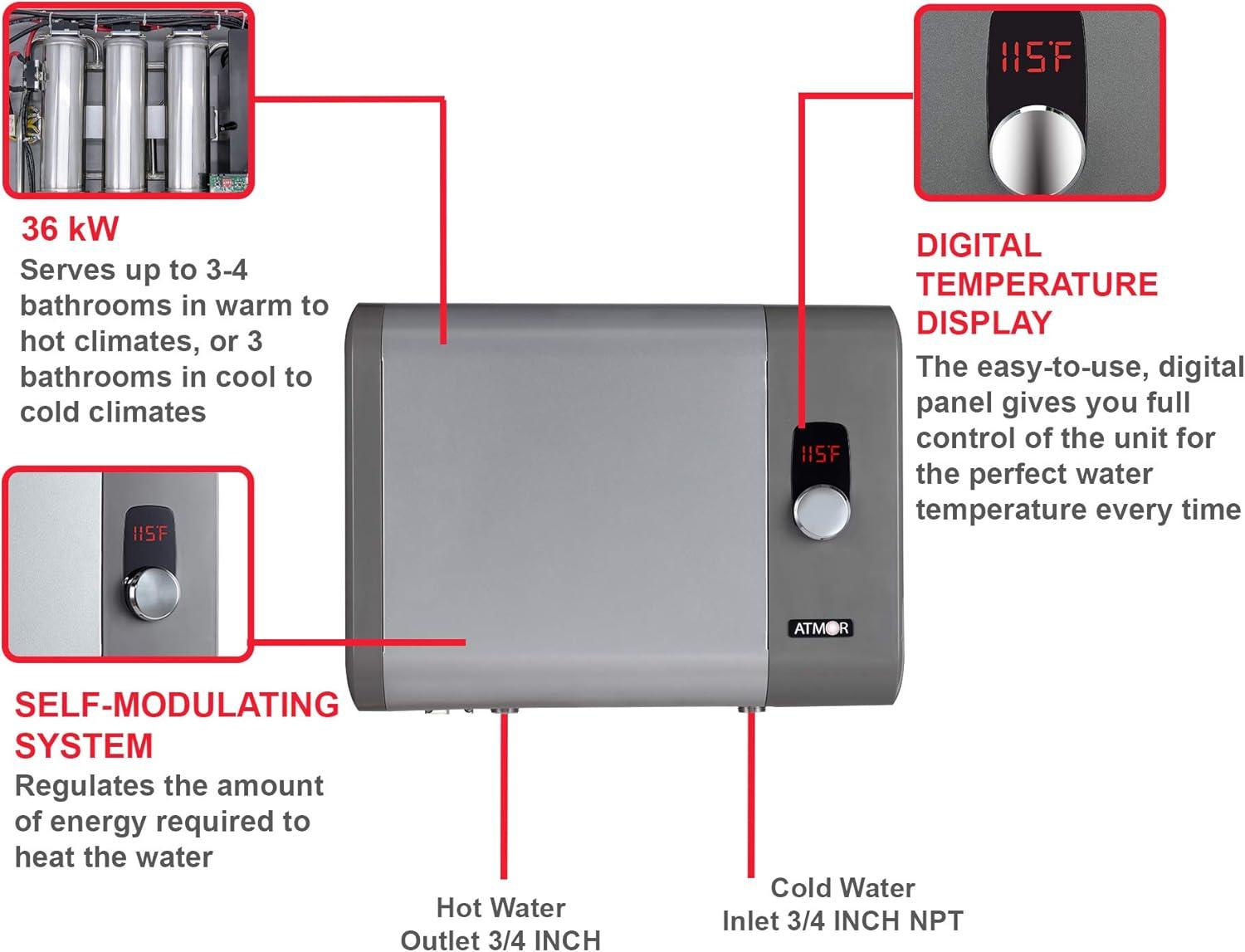 Atmor 36kW 6.2 GPM Electric Tankless Water Heater, ideal for 4 Bedroom Home