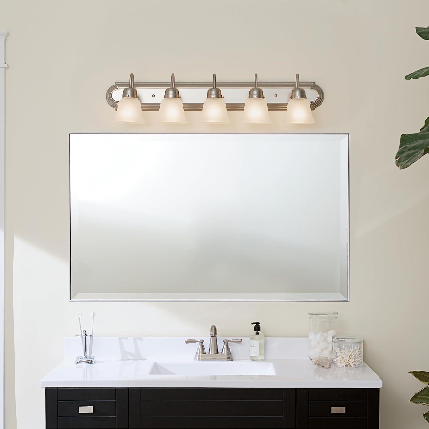 Nickel 36" 5-Light Vanity Bath Light with White Bell Shades