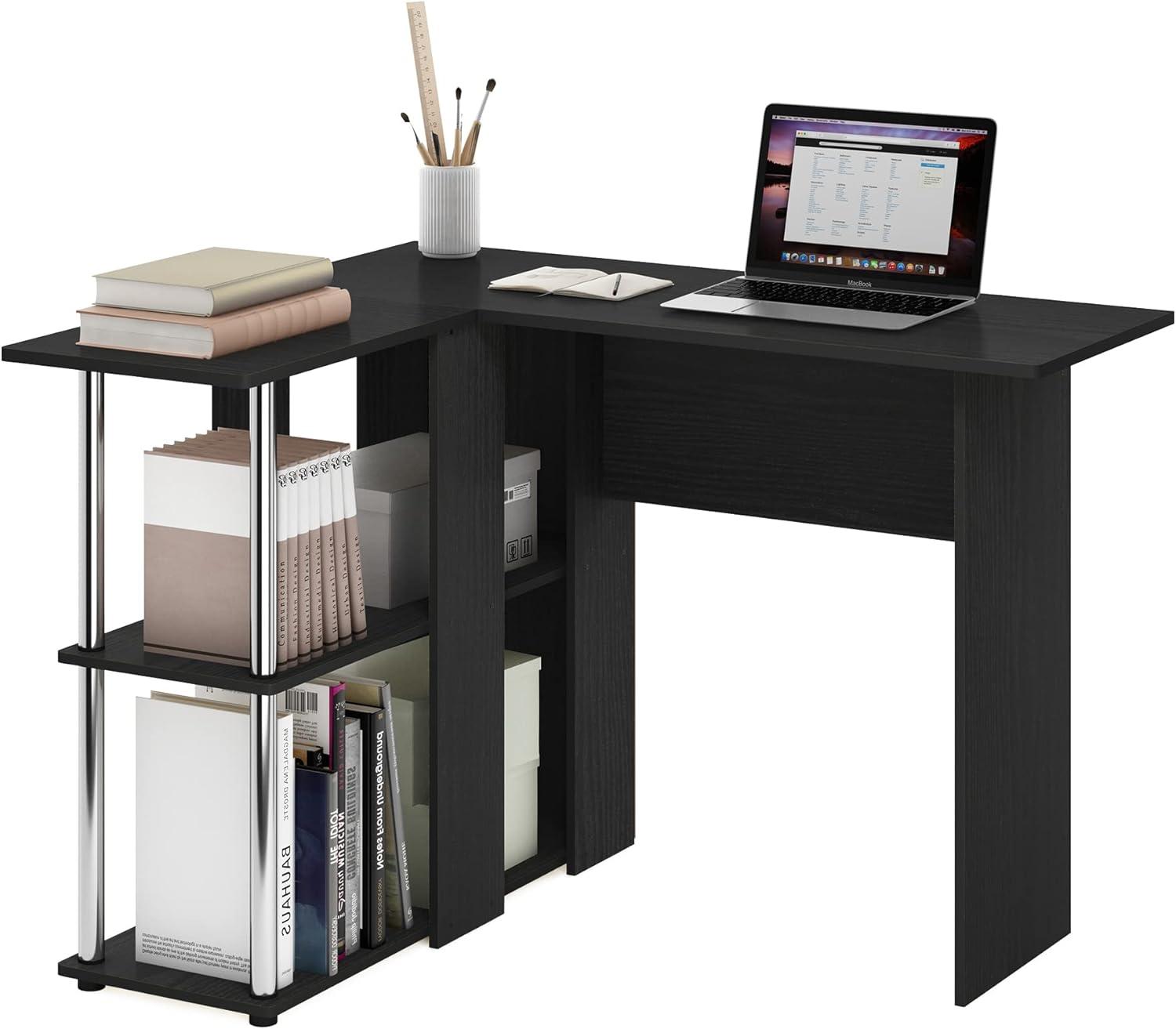 Americano and Chrome L-Shape Corner Writing Desk with Shelves