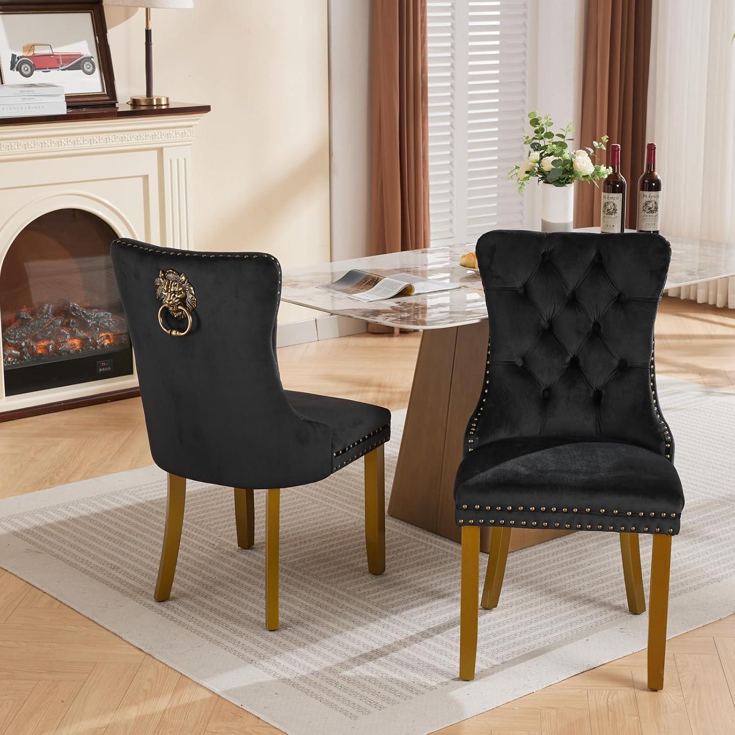 LegaHome Dining Chairs Set of 2, Modern Upholstered Velvet Dining Room Chairs with Nailhead Trim and Golden Stainless Steel Plating Solid Wood Legs, Tufted Button Padded Chairs Set for Kitchen, Black