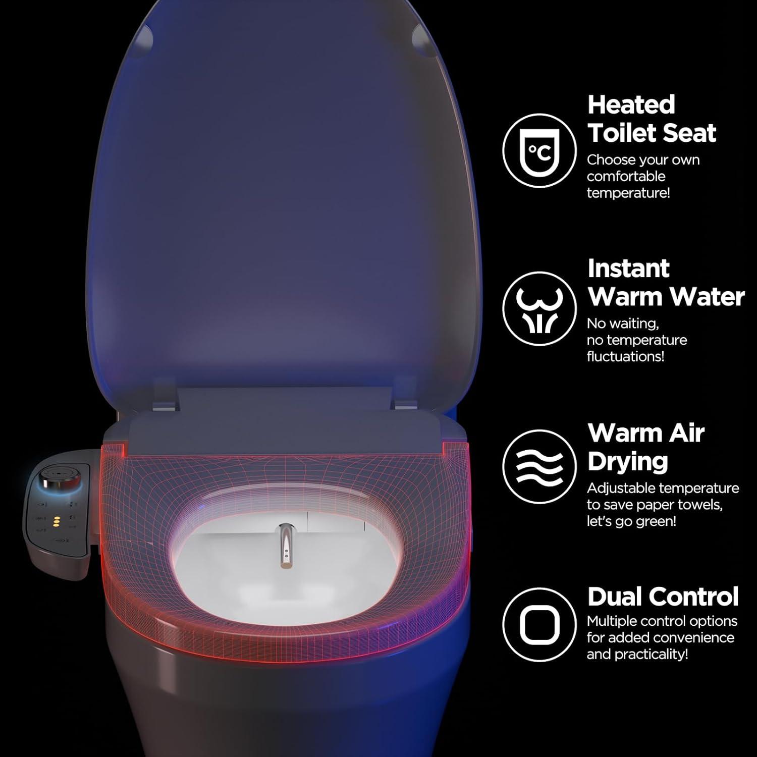 Bidet Toilet Seat - Heated & Elongated Design with Warm Water Wash, Wireless Remote, and Self-Cleaning Nozzle | Includes Soft-Closing Lid, LED Nightlight & Air Dryer