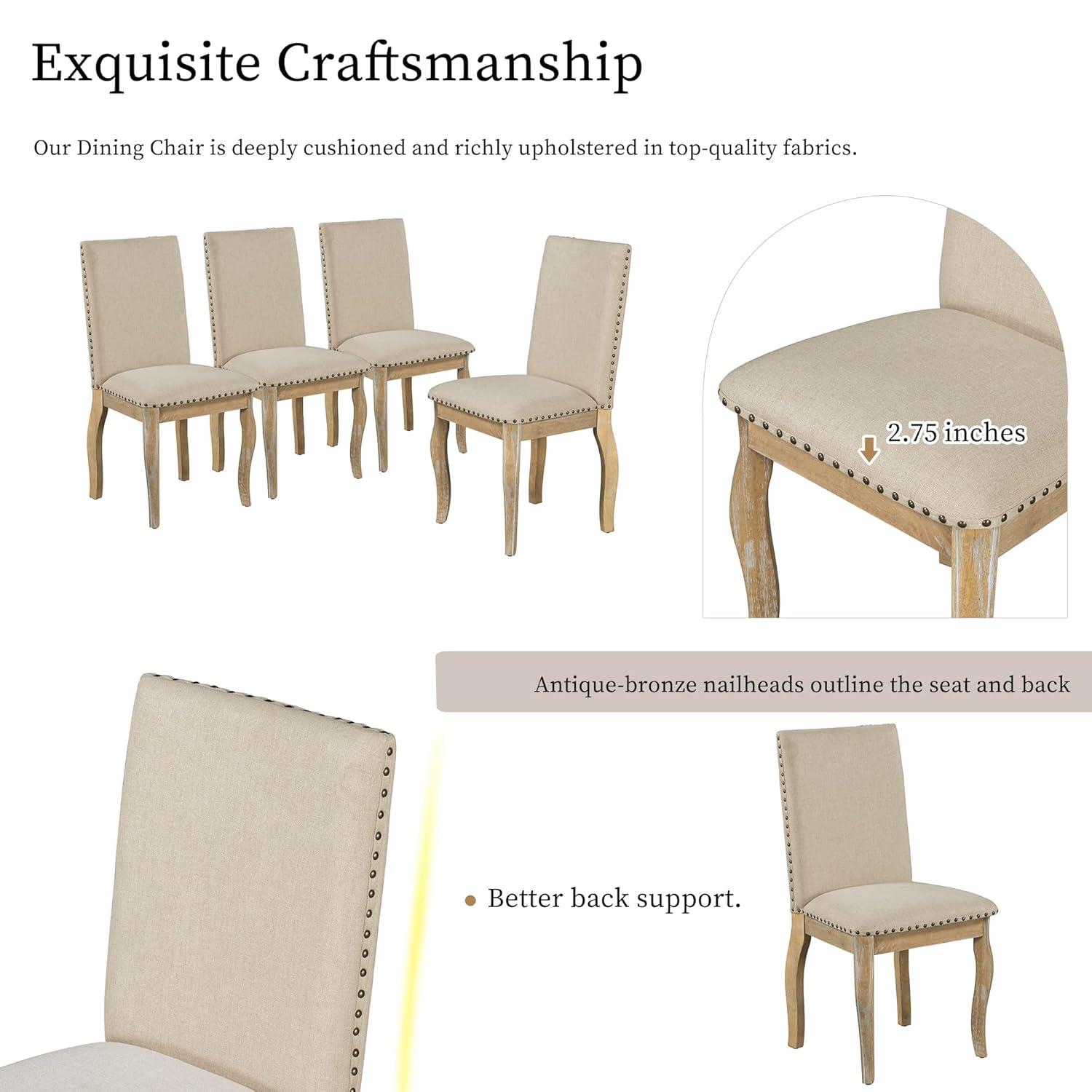P PURLOVE 5 Pieces Dining Table Set Round Kitchen Extendable Dining Table with 4 Upholstered Chairs for Dining Room, Chair with Nail Head Trim, Bistro Table Set, Natural Wood Wash