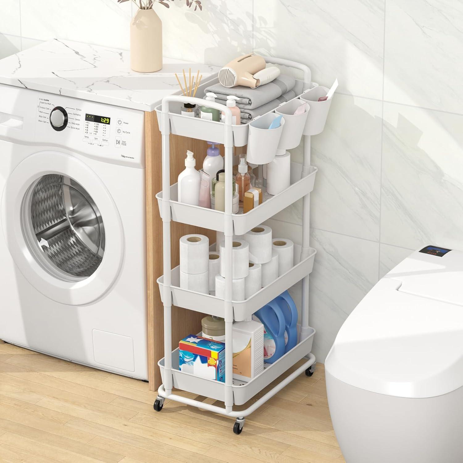 JIUYOTREE 4-Tier Plastic Rolling Storage Cart Utility Cart with Extra Hanging Cups Handles Lockable Wheels for Living Room Bathroom Kitchen Office Green