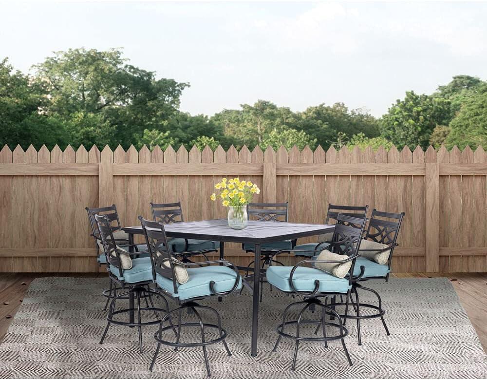 Hanover Montclair 9-Piece High-Dining Set in Ocean Blue with 8 Counter-Height Swivel Chairs and 60-Inch Square Table