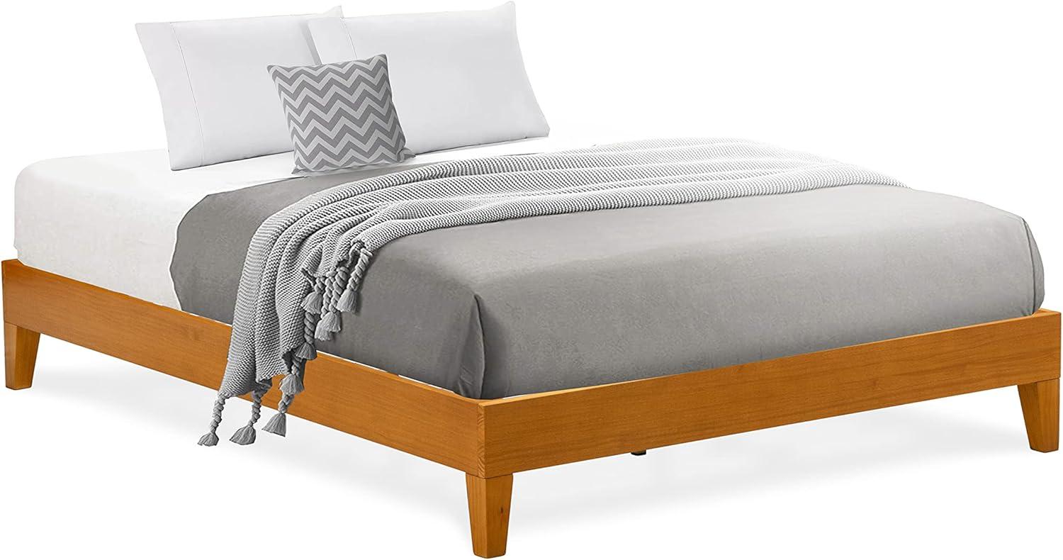 Oak Finish Queen Size Platform Bed Frame with Linen Upholstery