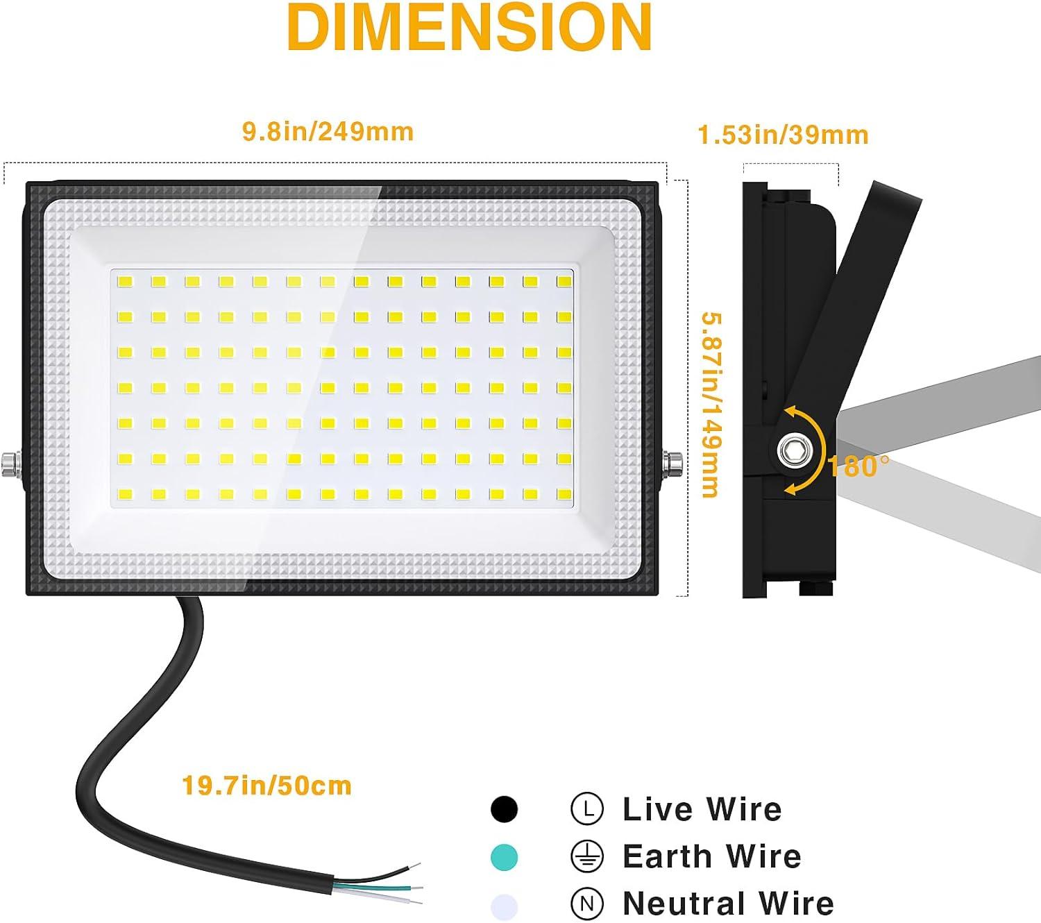 Onforu 100W Black LED Flood Light with Tempered Glass, 2 Pack