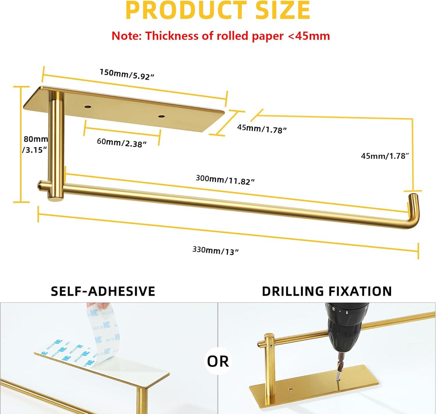 Paper Towel Holder- Self Adhesive or Drilling Gold Stainless Steel Wall Mount Towel Holder