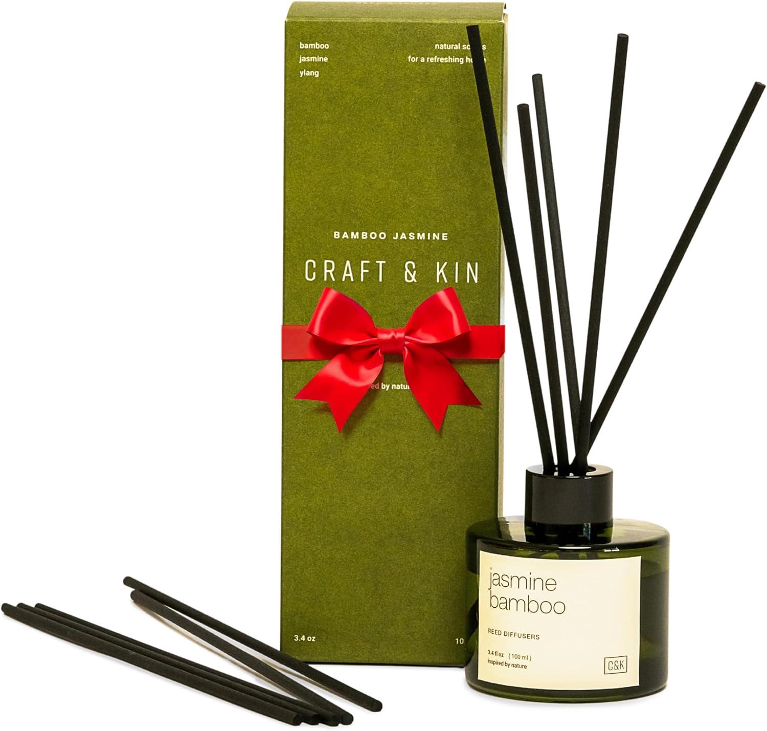 Green Glass Bamboo Jasmine Reed Diffuser Set