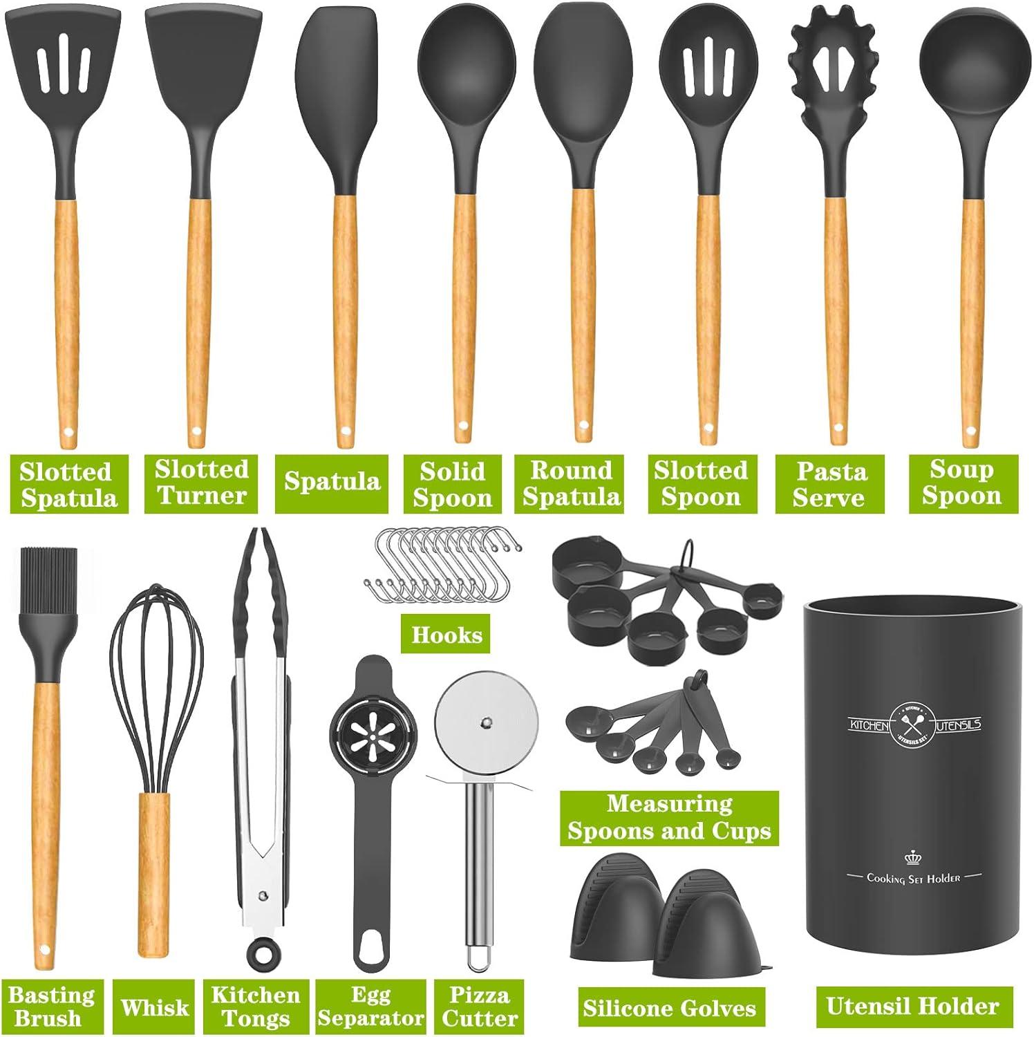 Silicone Kitchen Cooking Utensils Sets with Holder,Nonstick Heat Resistant,Wooden Handle,Black