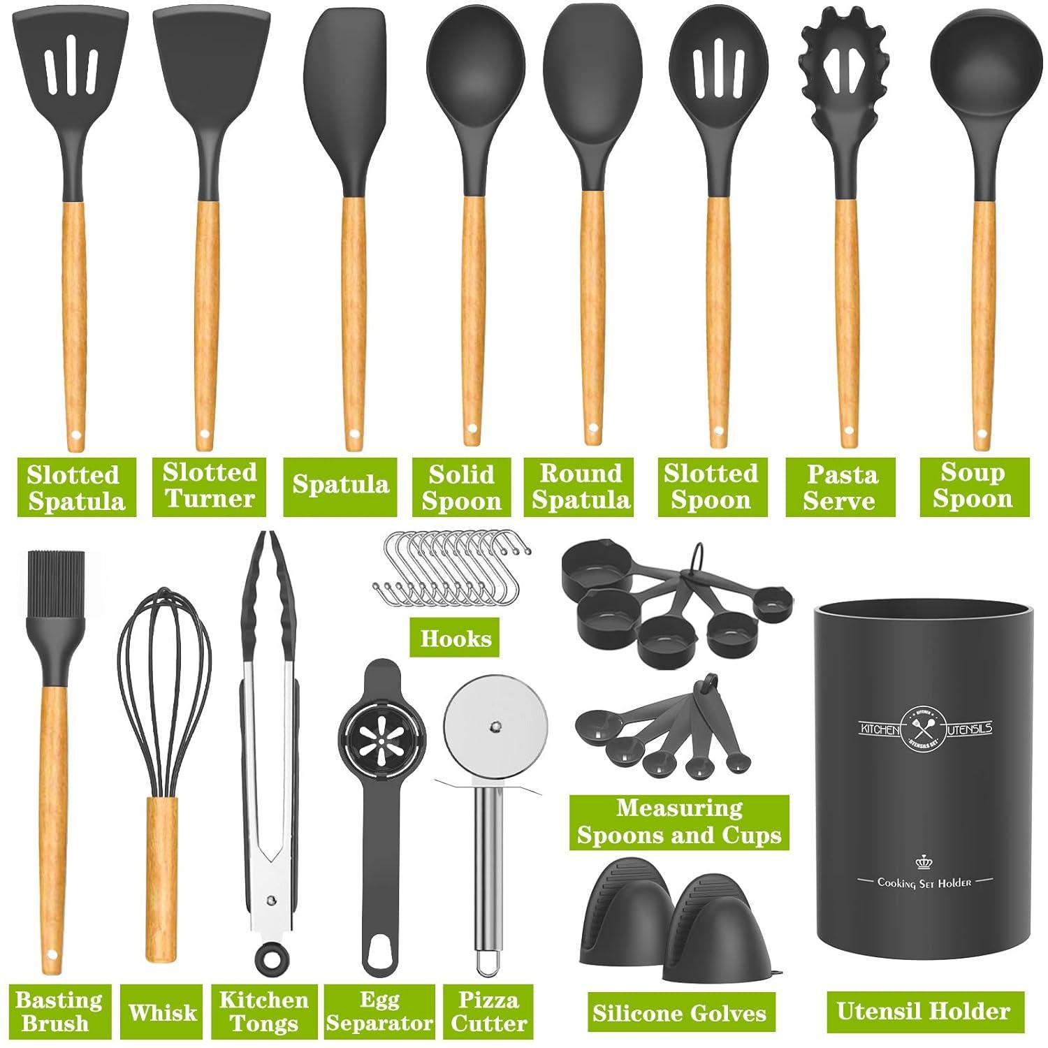 Silicone Kitchen Cooking Utensils Sets with Holder,Nonstick Heat Resistant,Wooden Handle,Black