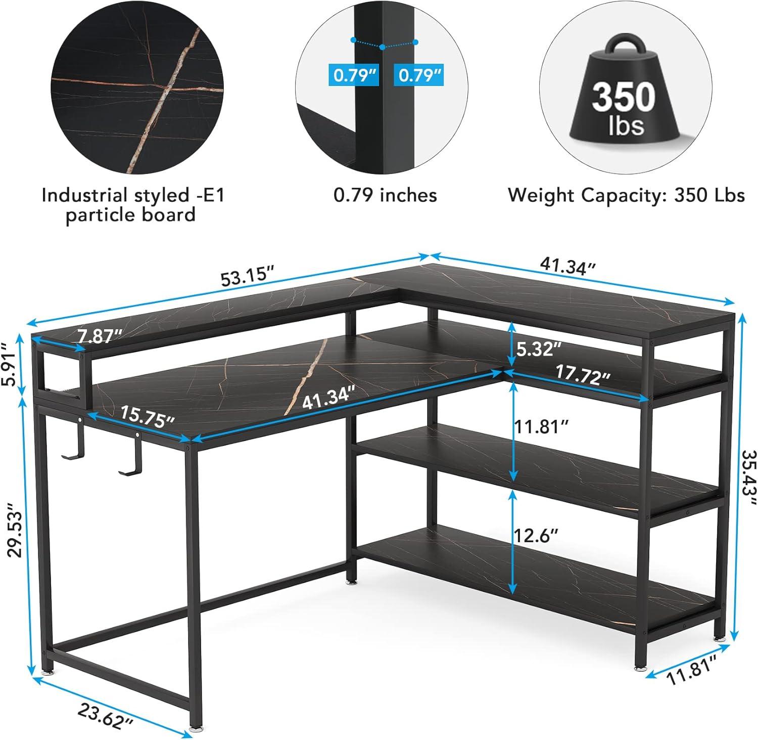 Black Faux Marble L-Shaped Gaming Desk with Shelves