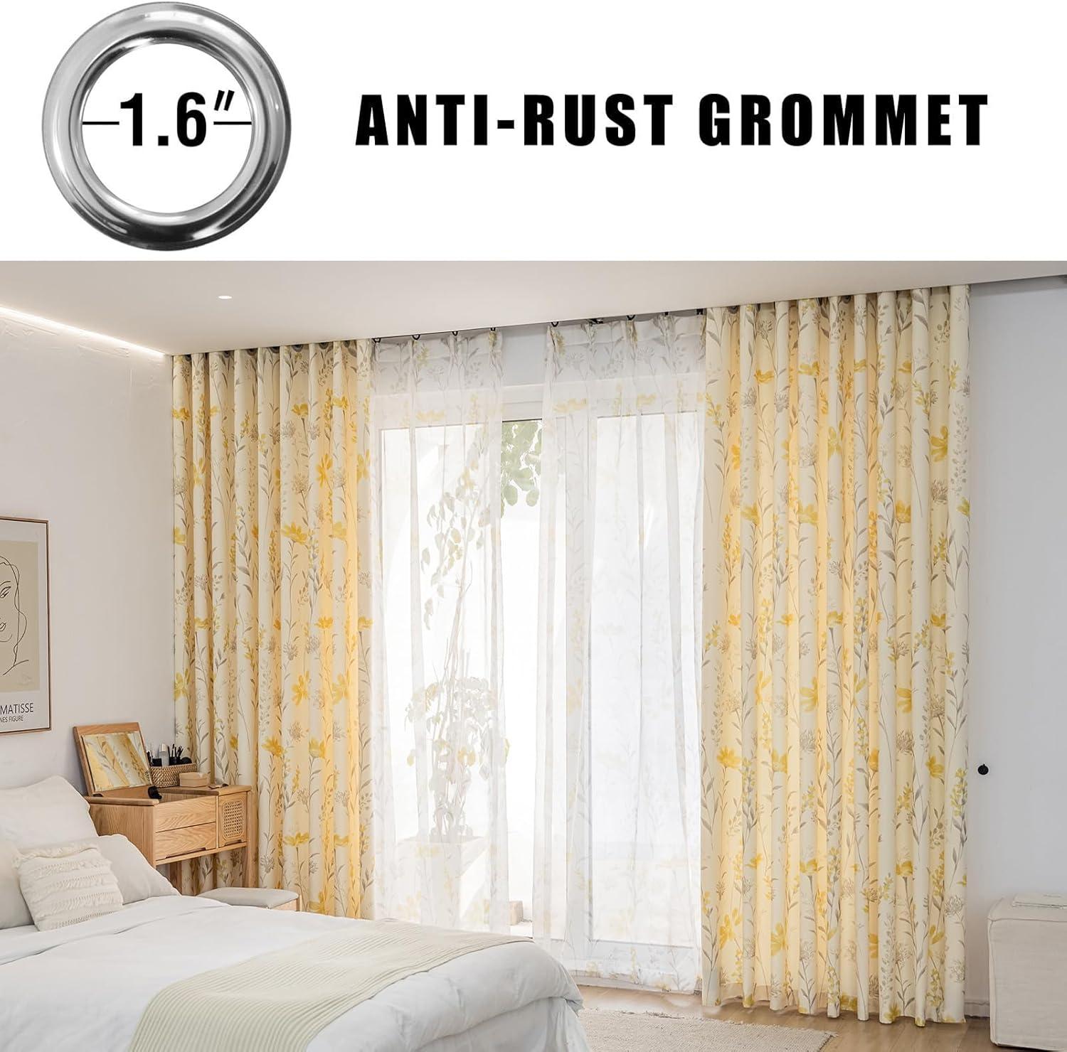 Yellow Floral Grommet Polyester Light-Filtering Drapes, 96"