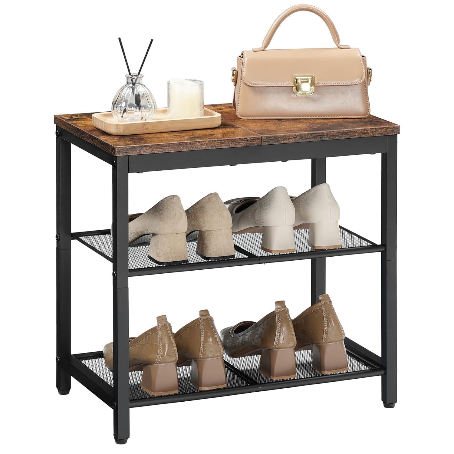 Shoe Bench, 3-Tier Shoe Rack, Industrial Shoe Organizer Storage Bench, 29.5 inches Entry Bench with Mesh Shelves, for Entryway, Living Room, Hallway, Easy Assembly, Rustic Brown BF75HX01