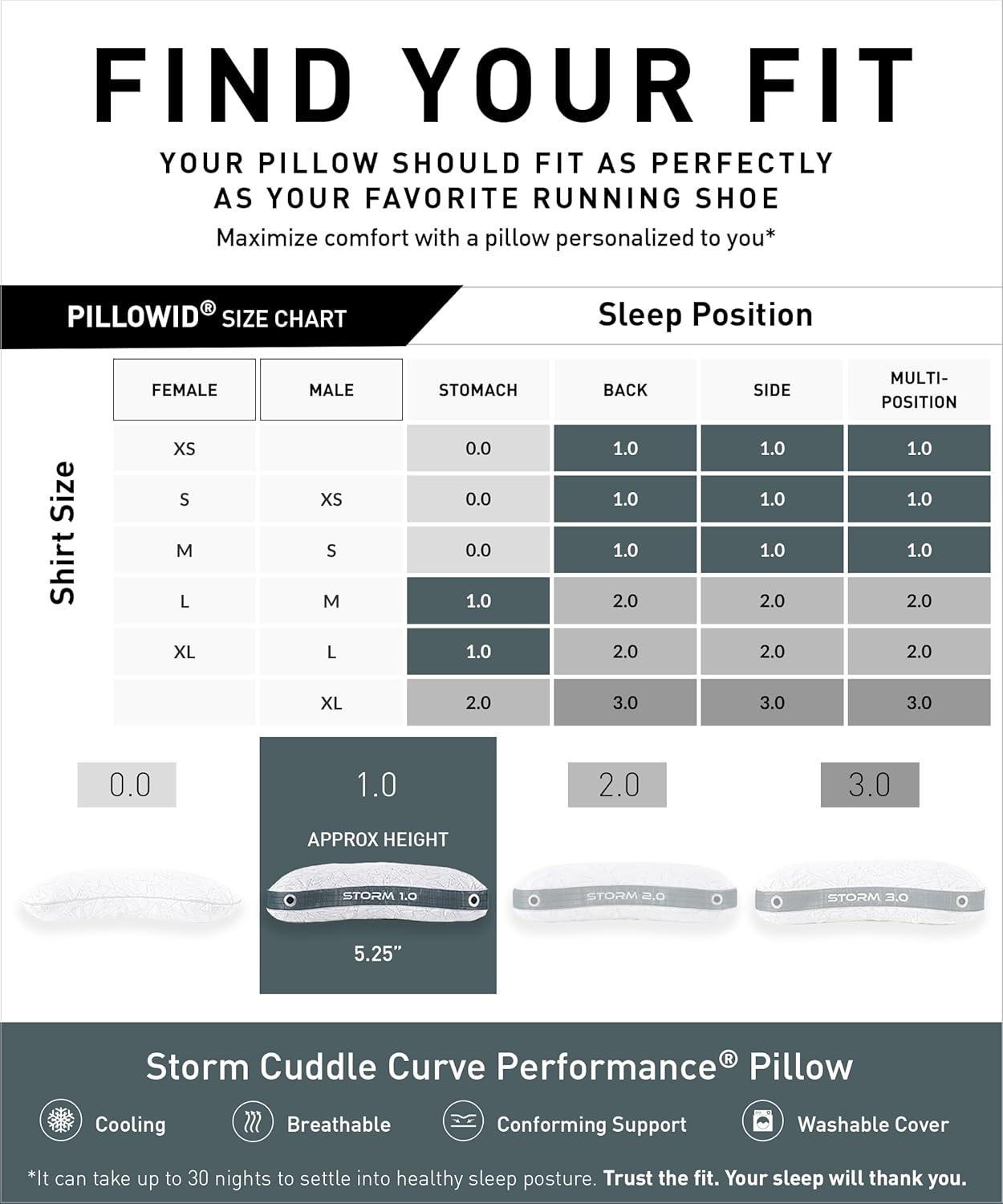 Bedgear Bedgear Storm Cuddle Curve Performance Cooling Pillow for Side Sleepers- Medium Firmness