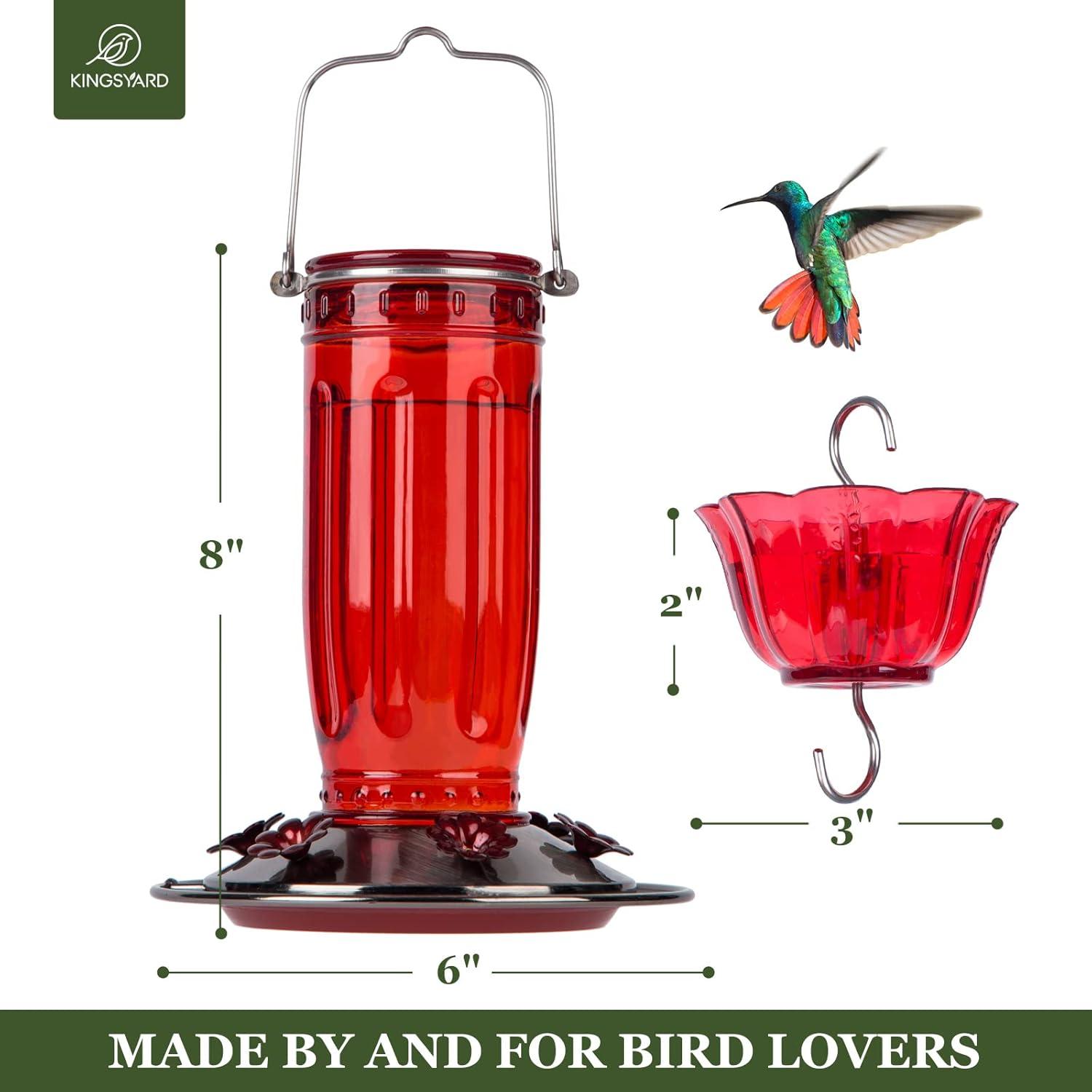 Kingsyard Glass Hummingbird Feeder with 6 Feeding Ports and Ant Moat, 16 oz, Leak Proof, Red