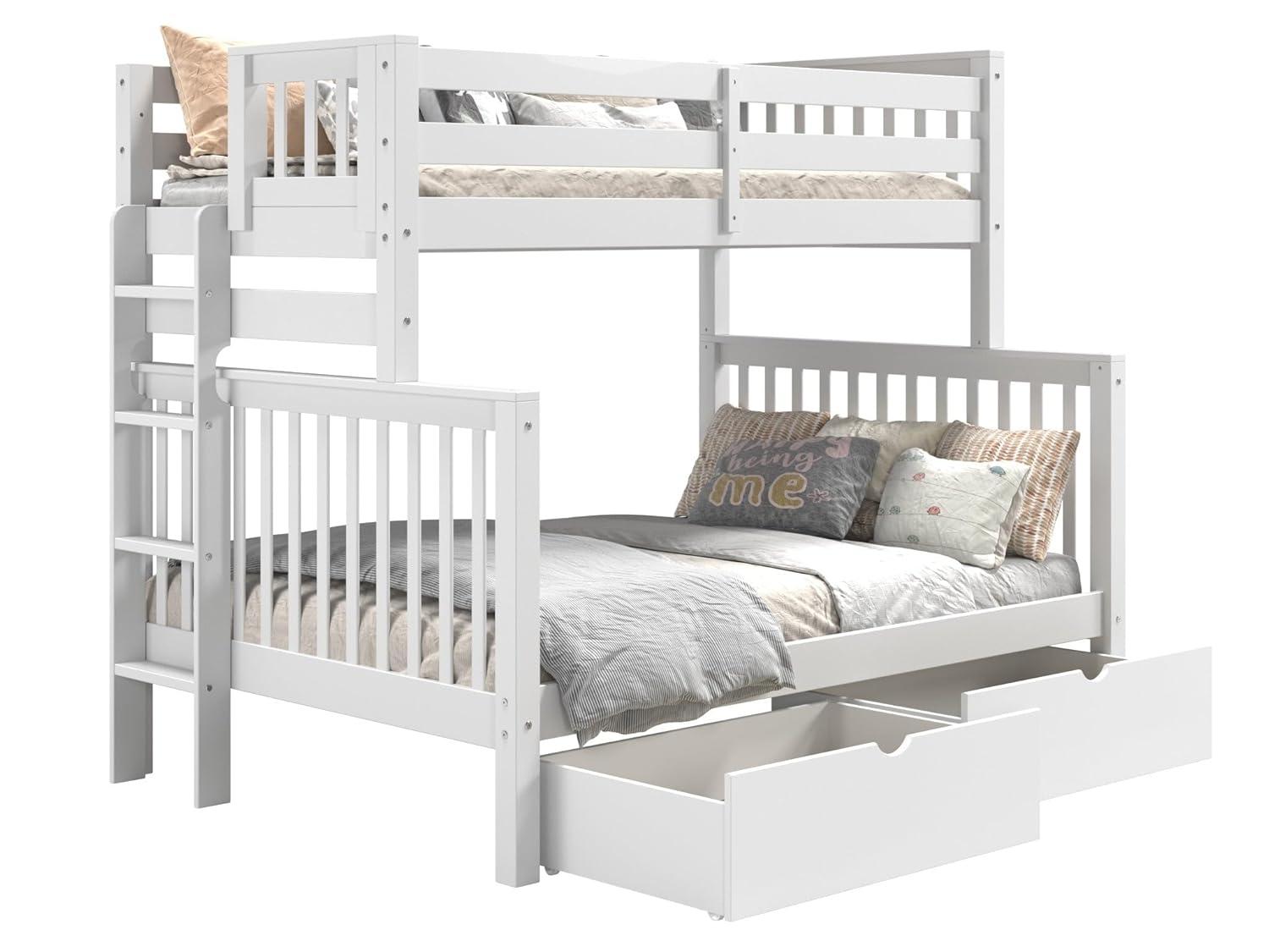 Bedz King Bunk Beds Twin over Full Mission Style with End Ladder and 2 Under Bed Drawers, White
