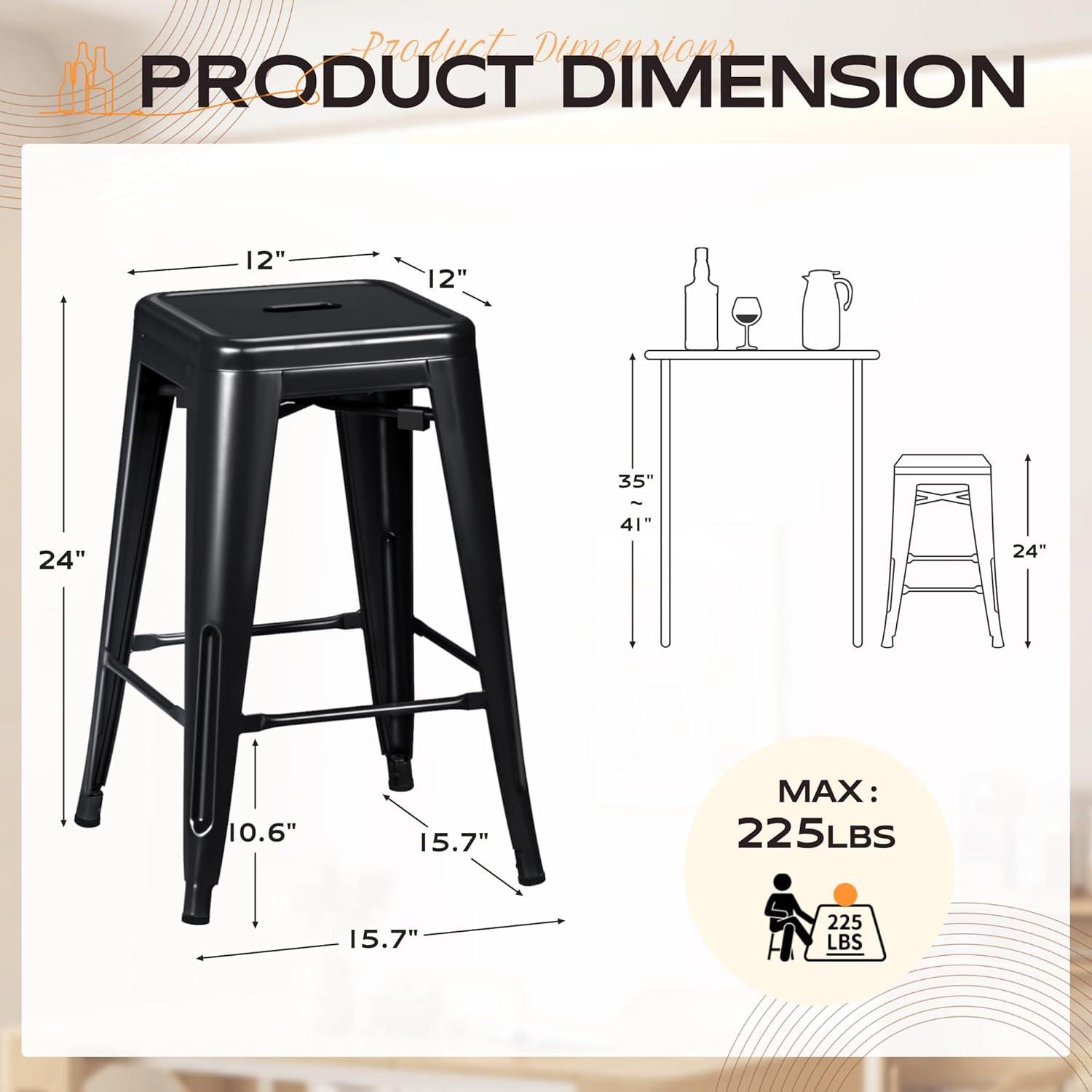 Furmax Metal Indoor-Outdoor Counter Height Stackable bar Stools, Set of 4, Black