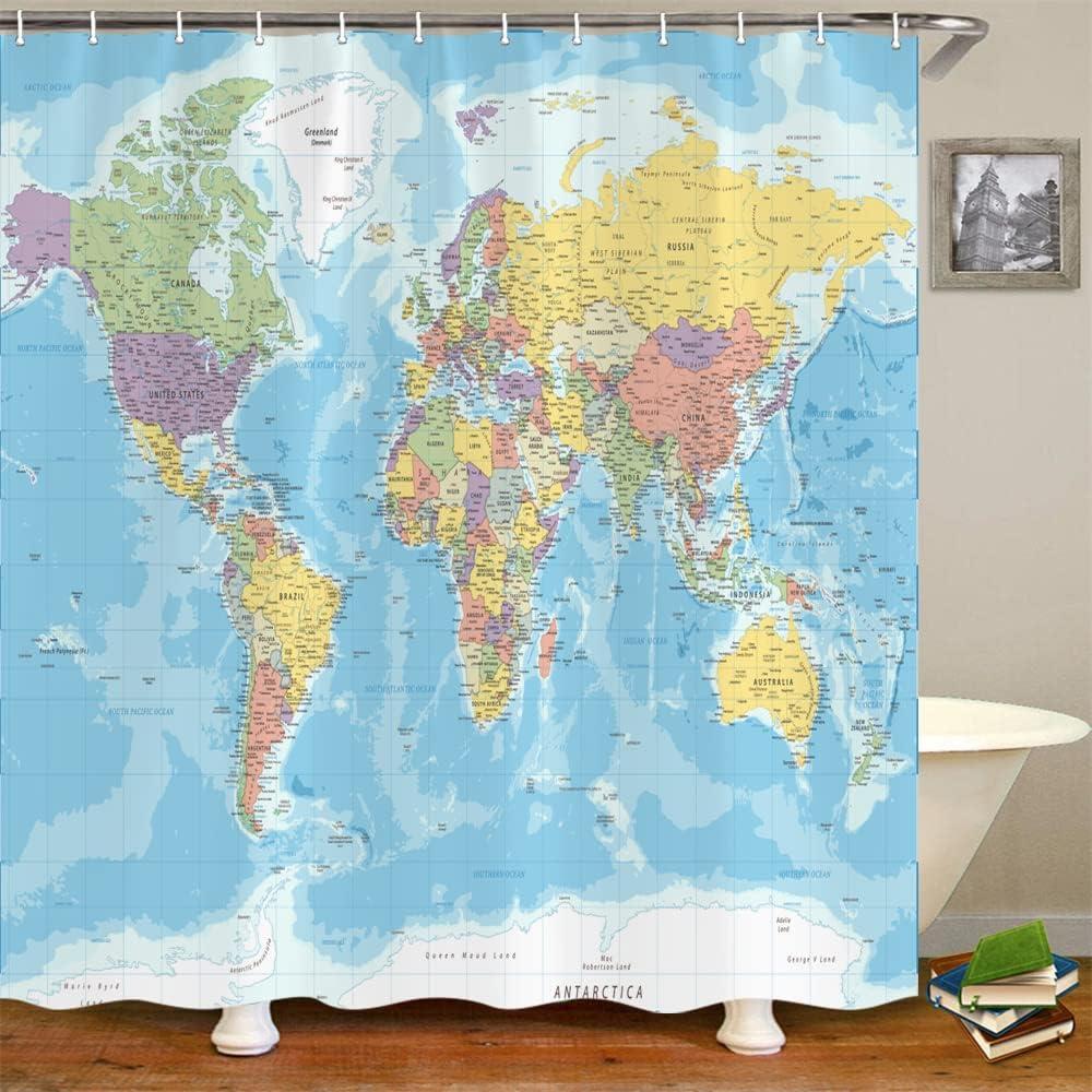 Educational World Map Waterproof Fabric Shower Curtain