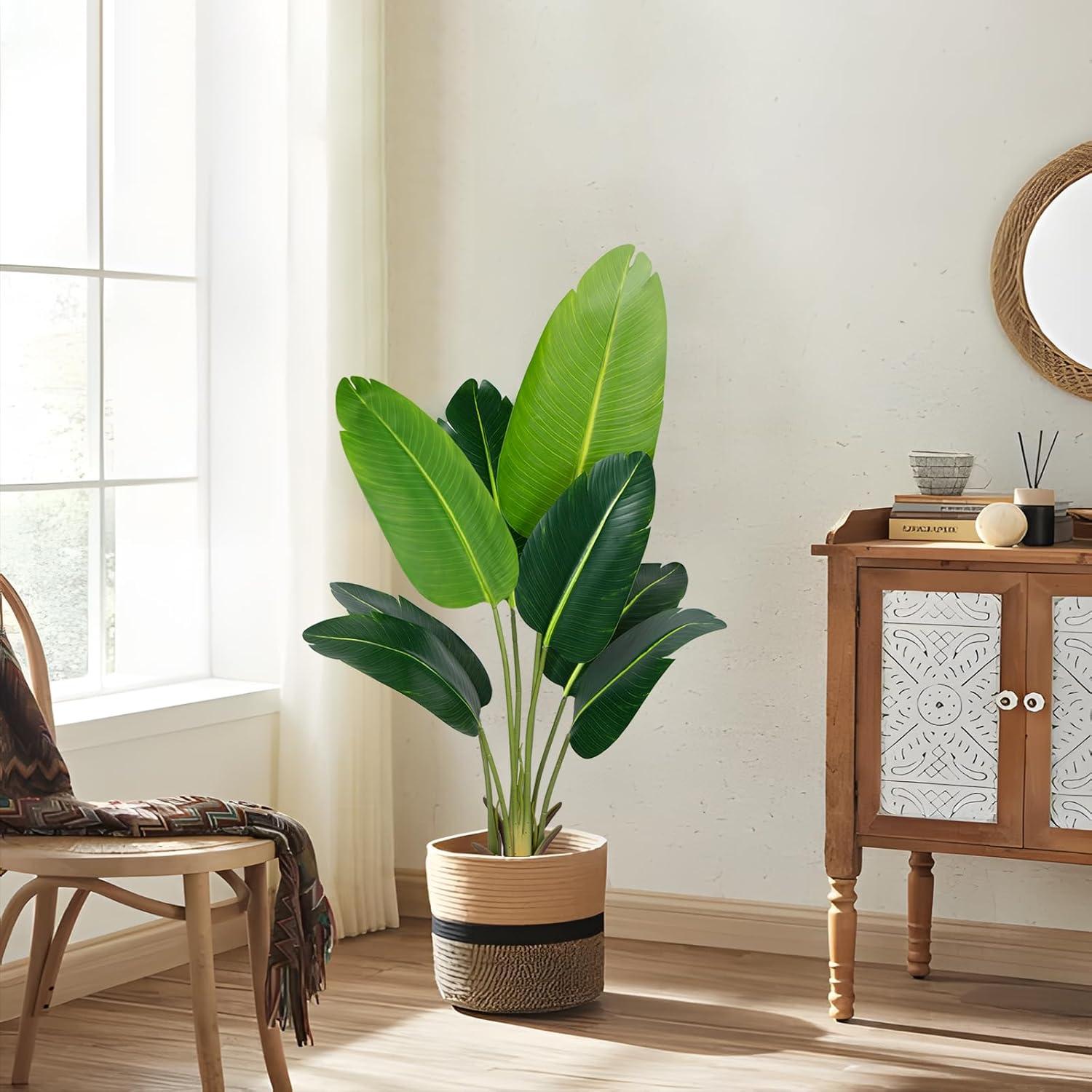 HOMEFAN Artificial Tree Bird of Paradise Artificial Plant 4 Feet Faux Plant with 8 Trunks Artificial Banana Leaf Fake Plants in Pot for Home Decor Indoor Living Room Outdoor Decor Housewarming Gift
