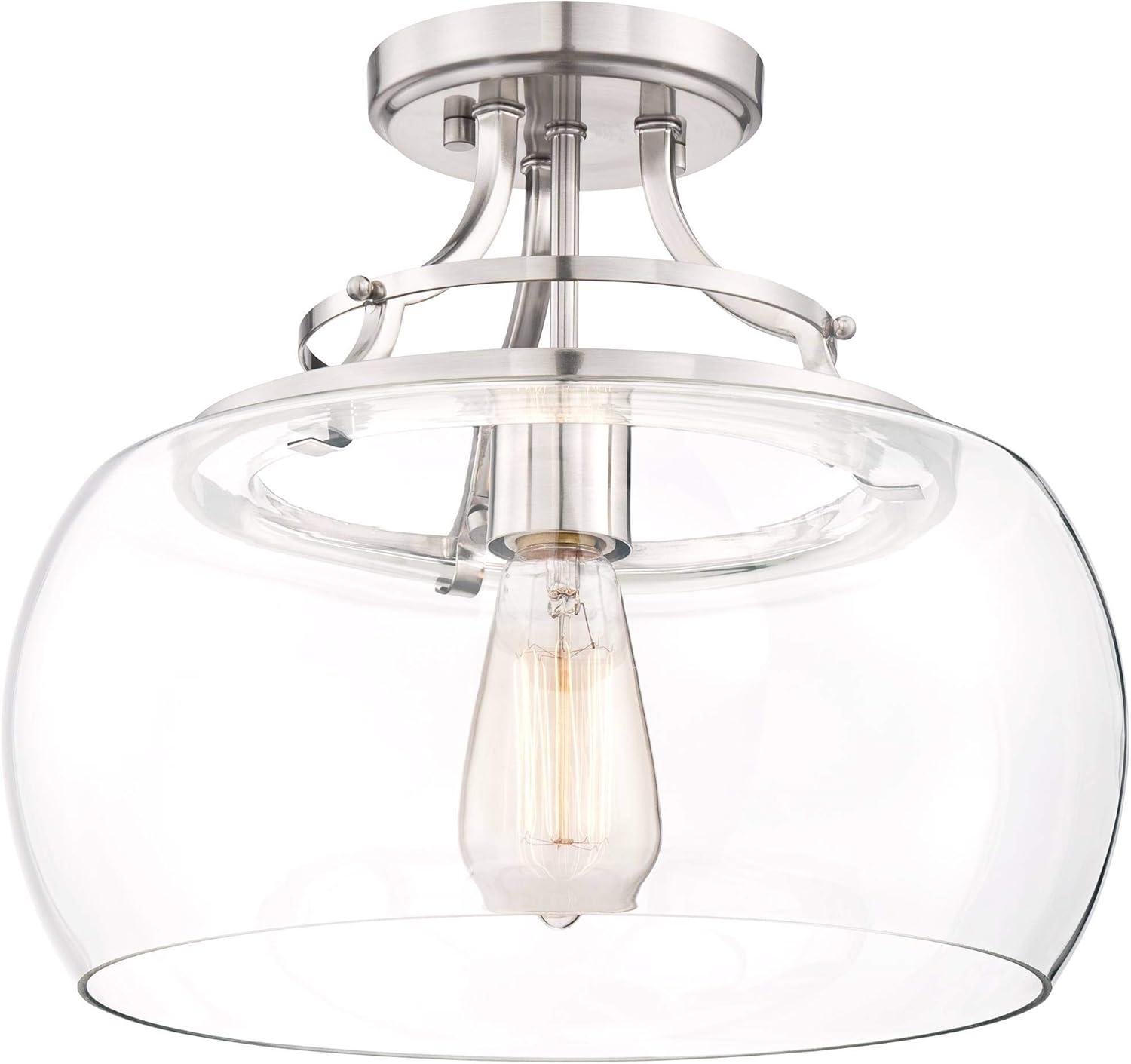 Franklin Iron Works Charleston Modern Industrial Ceiling Light Semi Flush Mount Fixture 13 1/2" Wide Brushed Nickel LED Clear Glass Shade for Bedroom