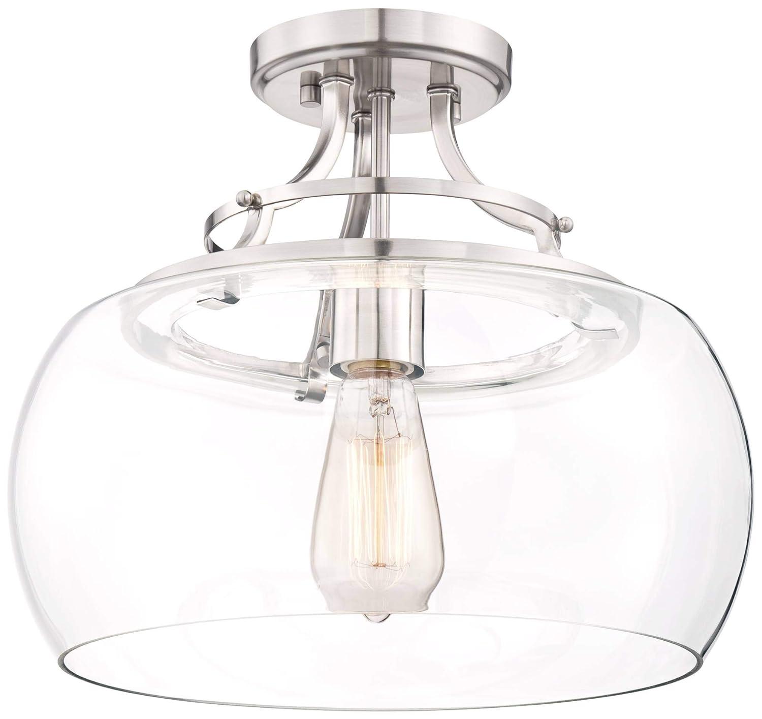 Franklin Iron Works Charleston Modern Industrial Ceiling Light Semi Flush Mount Fixture 13 1/2" Wide Brushed Nickel LED Clear Glass Shade for Bedroom