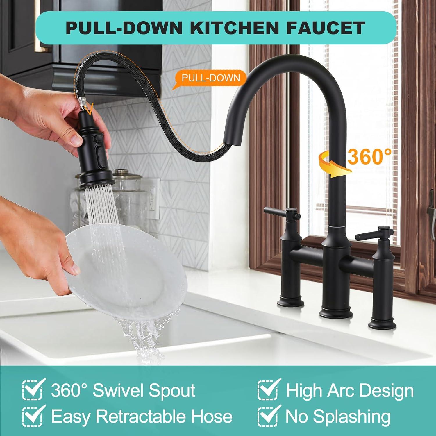 Bridge-Style Kitchen Faucet With Dual Handles And A Pull-Down Spray Head, Designed For Installation On A 3-Hole Kitchen Sink