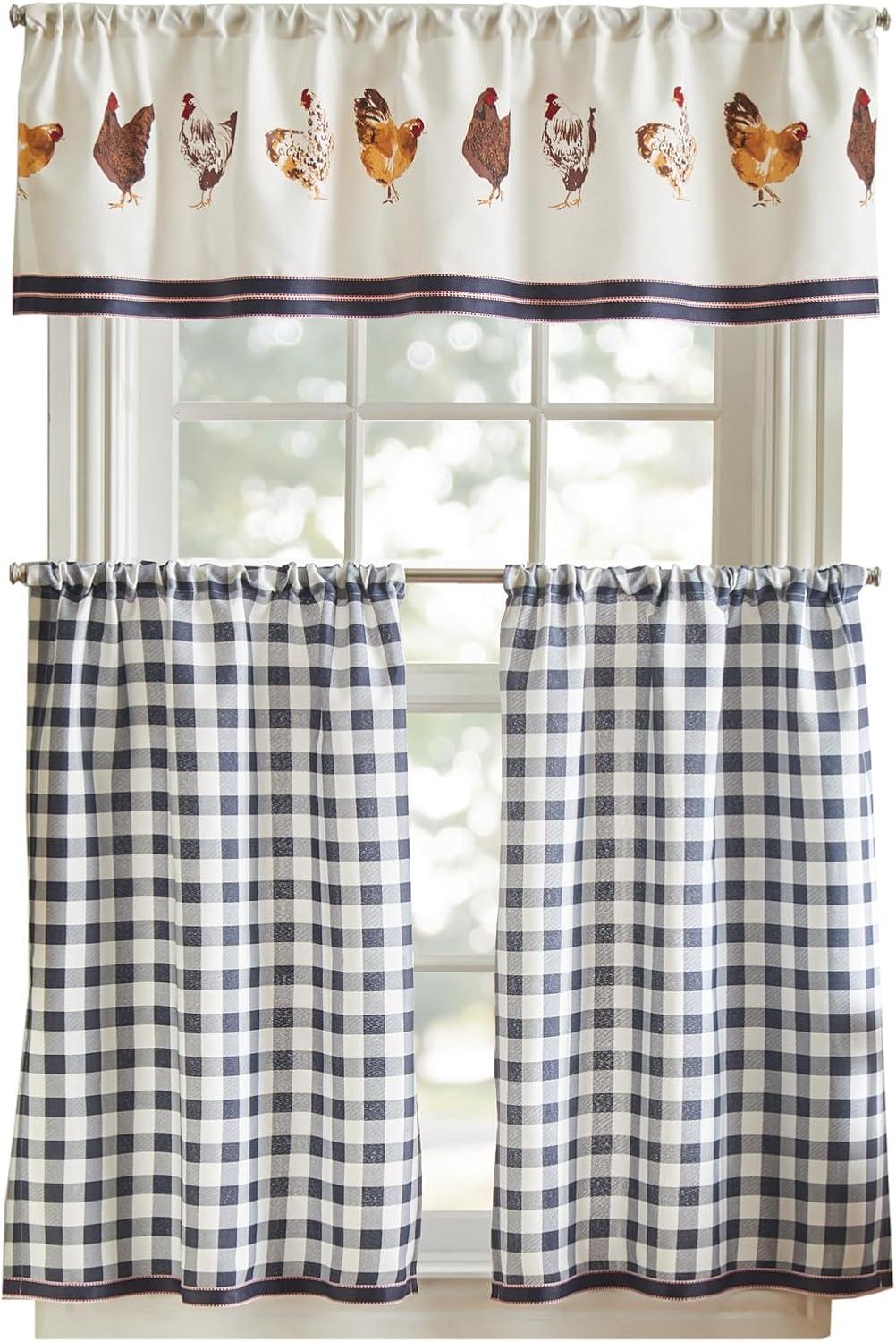 Chickens Light Filtering Rod Pocket Kitchen Curtain Valance and Tiers Set in Navy/White