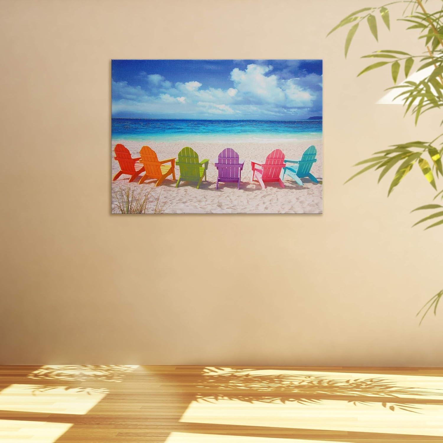 Colorful Adirondack Chairs Beach Scene Framed Canvas Wall Art