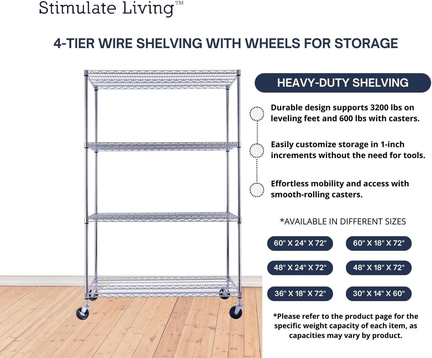 48"x24"x72" Prime Heavy Duty Black 4-Tier Wire Shelving NSF 3200 LBS MAX Capacity Storage Rack for Commercial, Hospital, School, Garage, and Kitchen Uses (with Wheels)