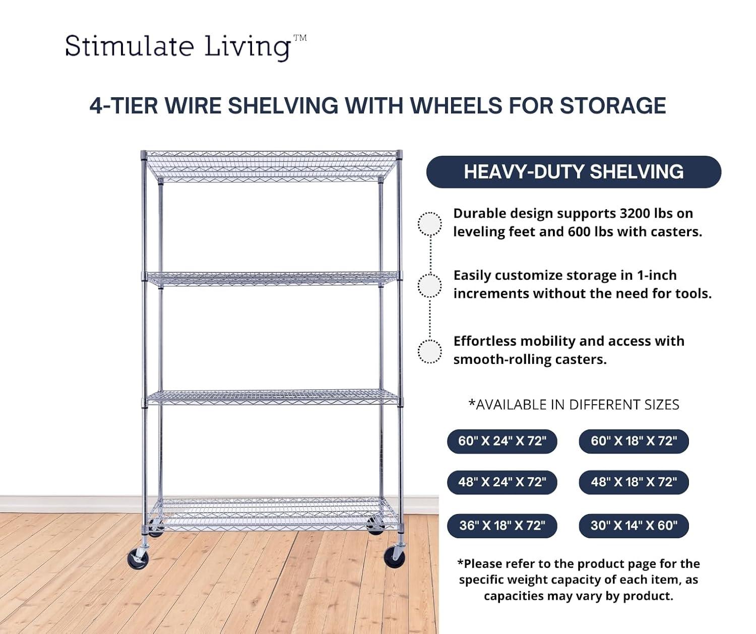 48"x24"x72" Prime Heavy Duty Black 4-Tier Wire Shelving NSF 3200 LBS MAX Capacity Storage Rack for Commercial, Hospital, School, Garage, and Kitchen Uses (with Wheels)