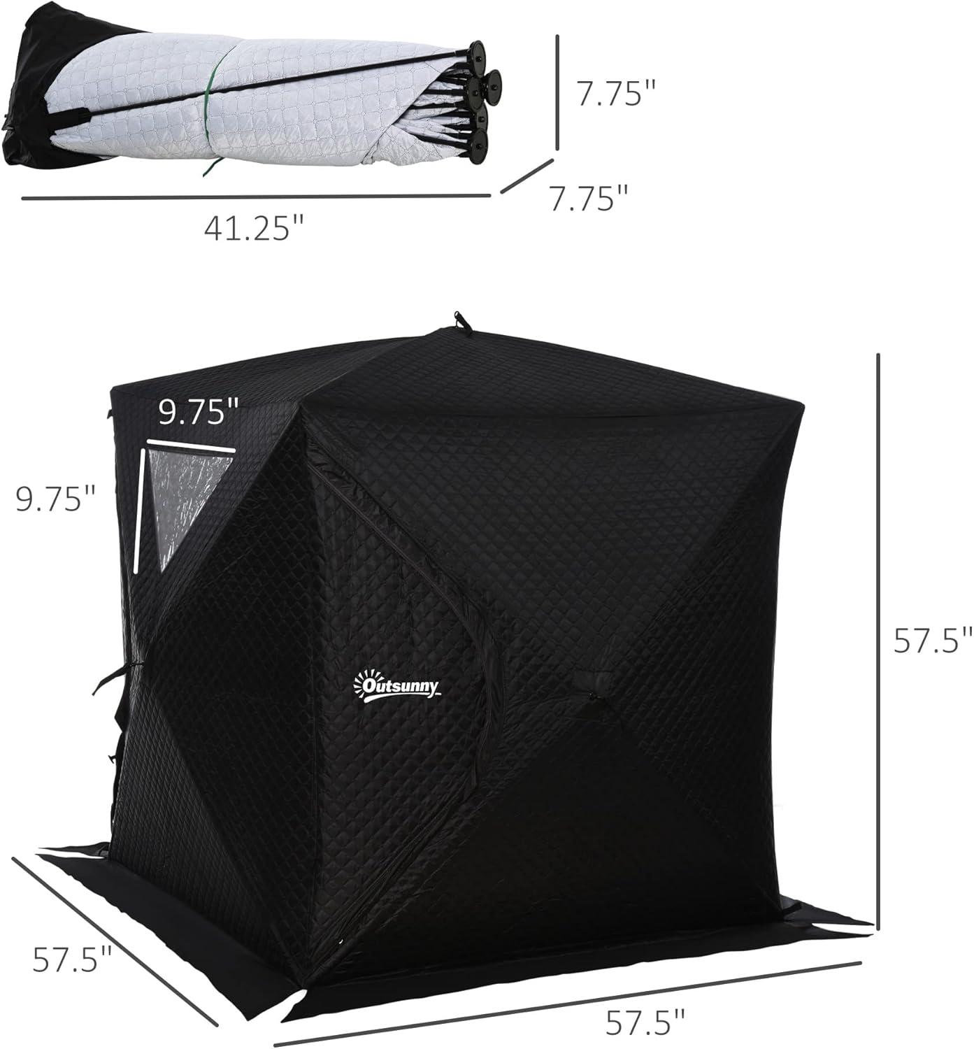 Outsunny 2 Person Ice Fishing Shelter with Padded Walls, Thermal Waterproof Portable Pop Up Ice Tent with 2 Doors, Black