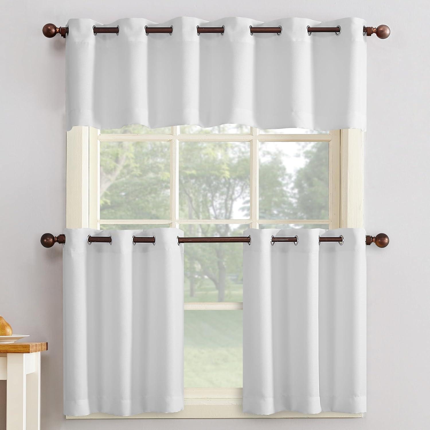 No. 918 Nathan Casual Textured Semi-Sheer Grommet Kitchen Curtains, 56"x24", White