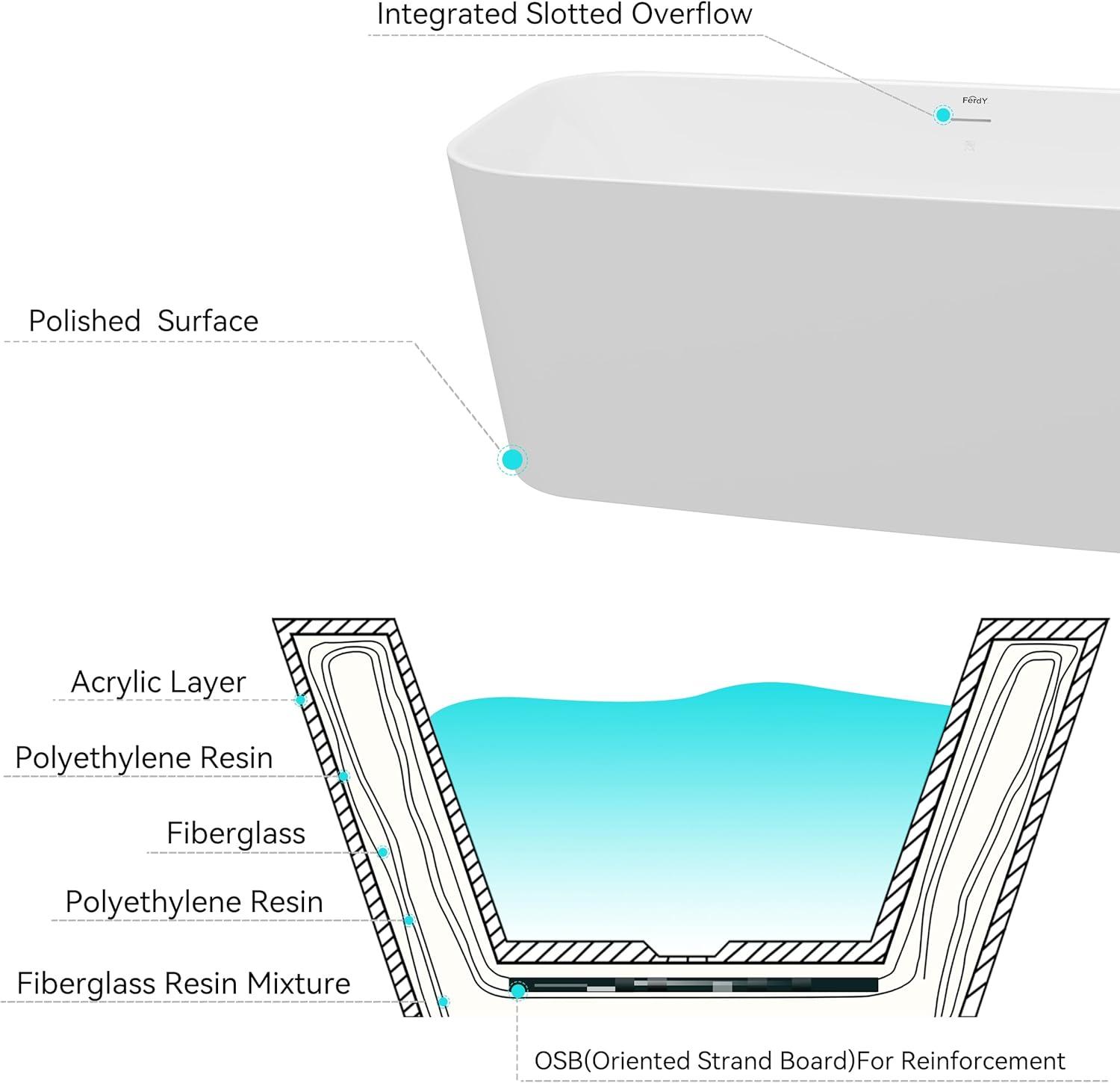 FerdY Maui 67" Acrylic Freestanding Bathtub,Soaking Tub With Brushed Nickel Drain