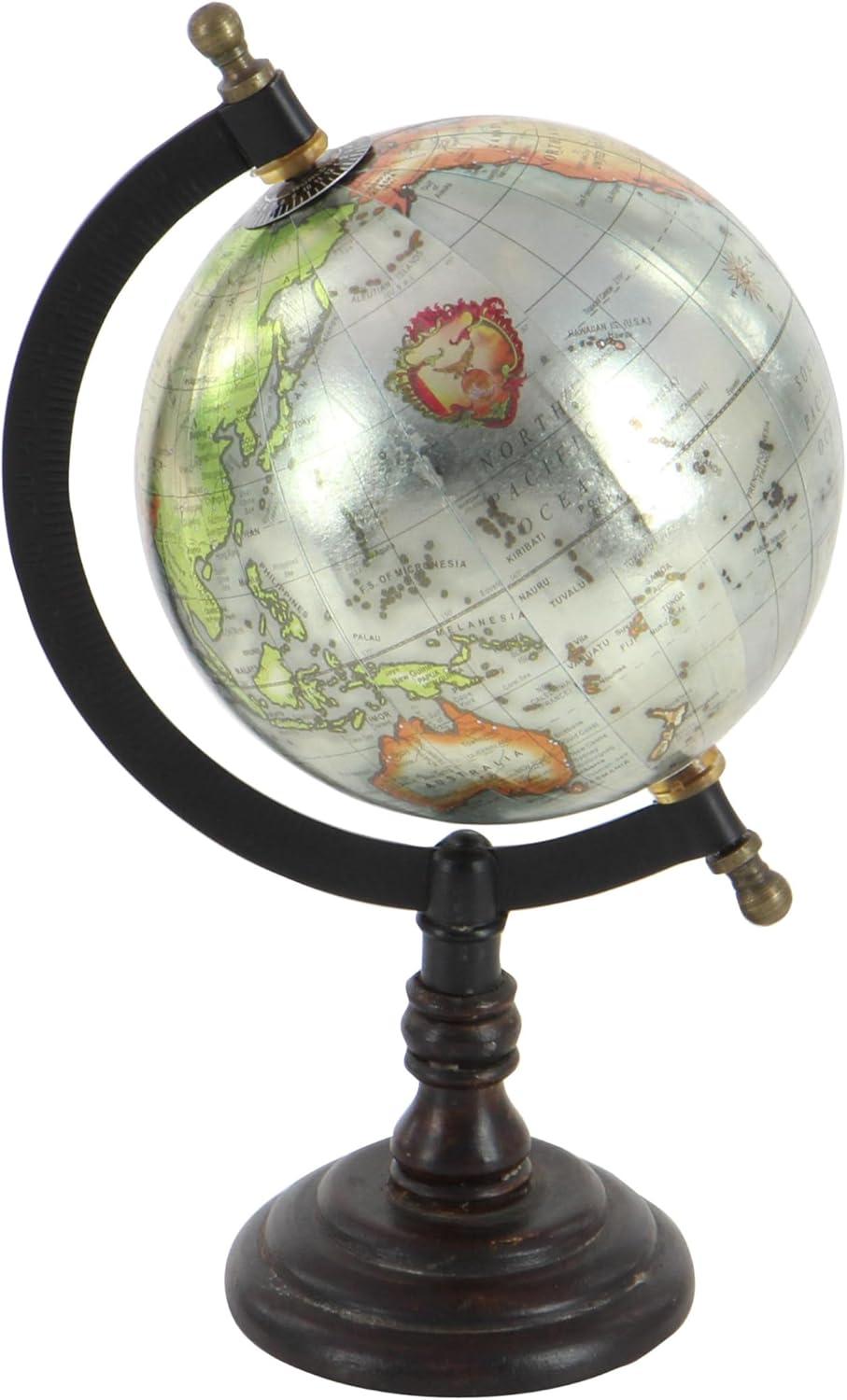 Dec Mode Traditional Mango Wood and Iron Colorful Spinning Globe Table-Top Décor, 6"W x 10"H, Brown, Features a Round Orb with Topographical Map