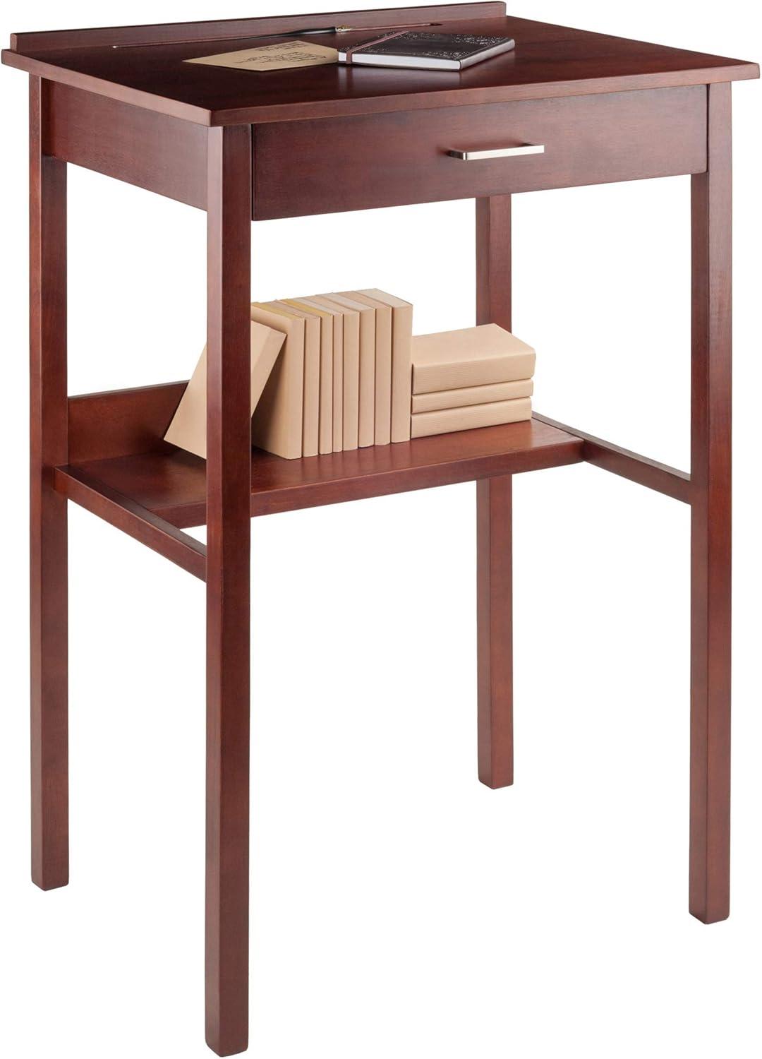 Winsome Ronald High Desk Walnut: Mid-Century Modern Standing Secretary, Spot Clean, No Storage