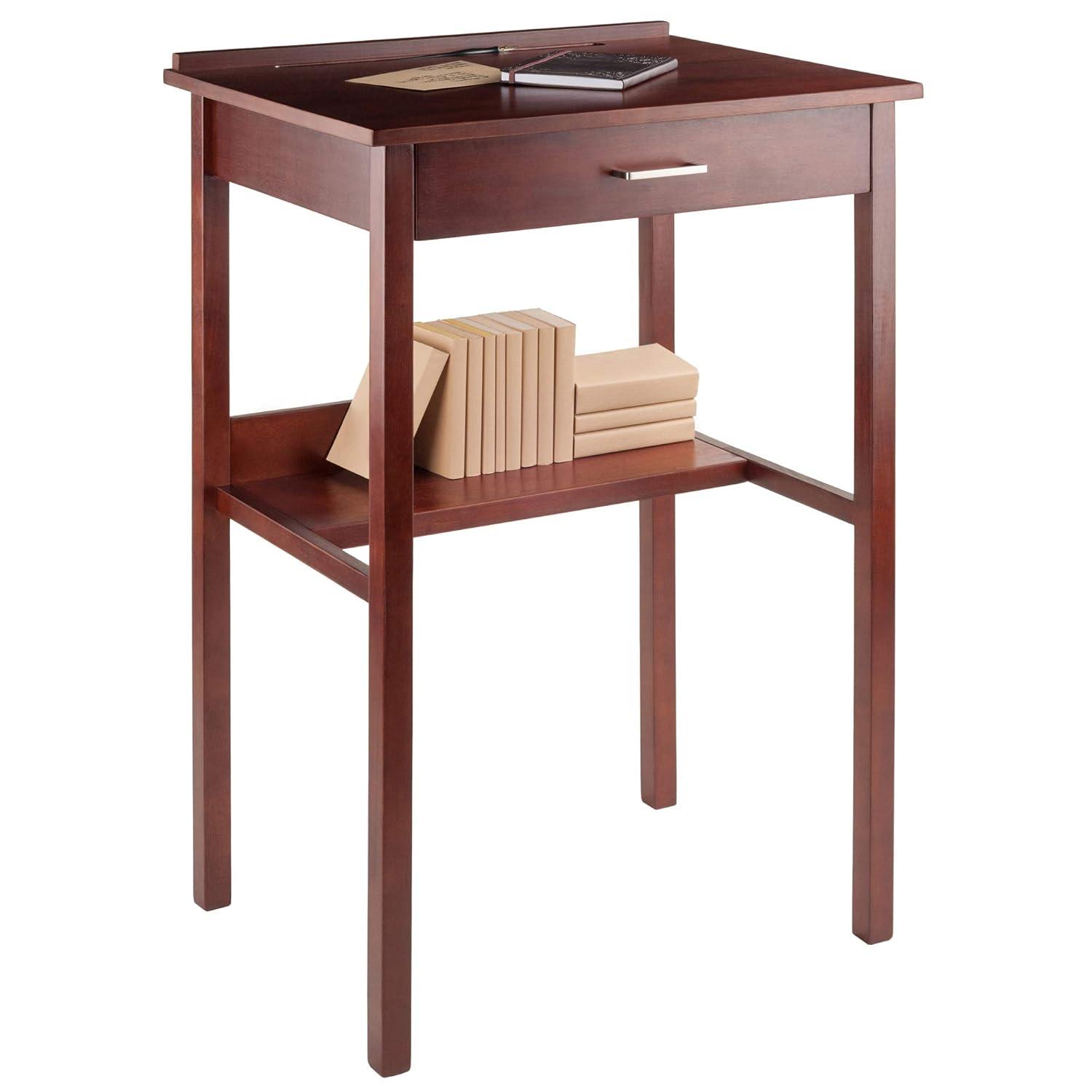 Winsome Ronald High Desk Walnut: Mid-Century Modern Standing Secretary, Spot Clean, No Storage