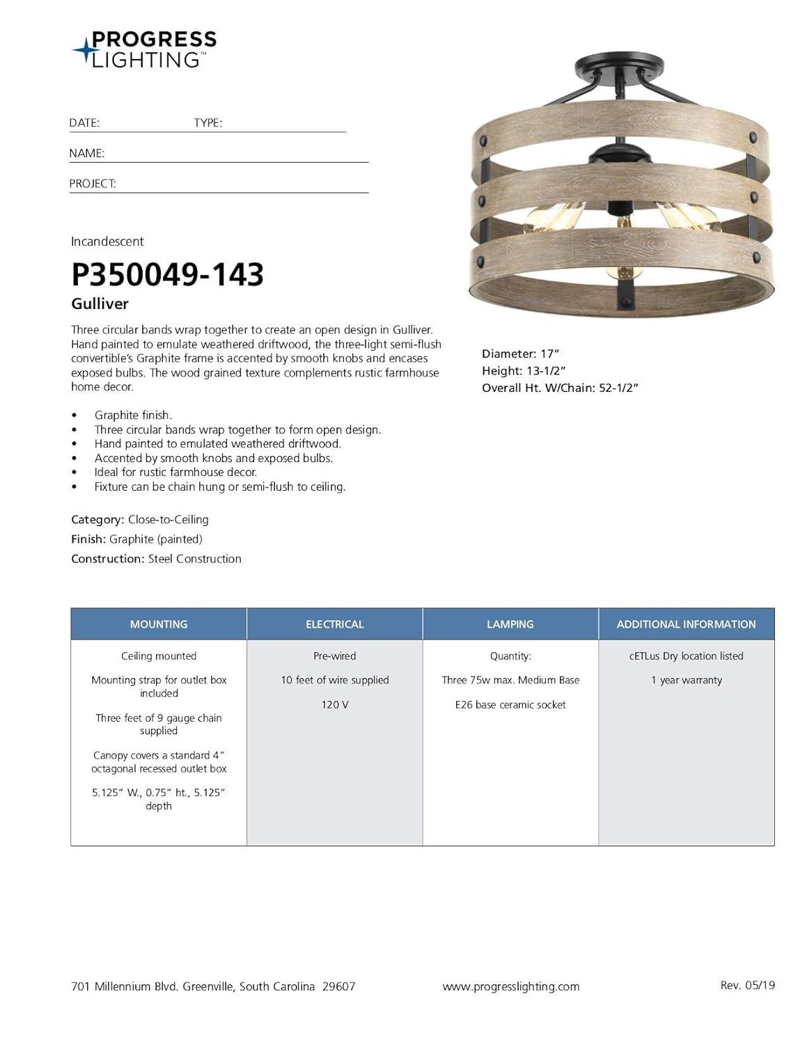 Progress Lighting Gulliver 3-Light Semi-Flush Convertible Ceiling Light, Graphite, Wood Grained Texture