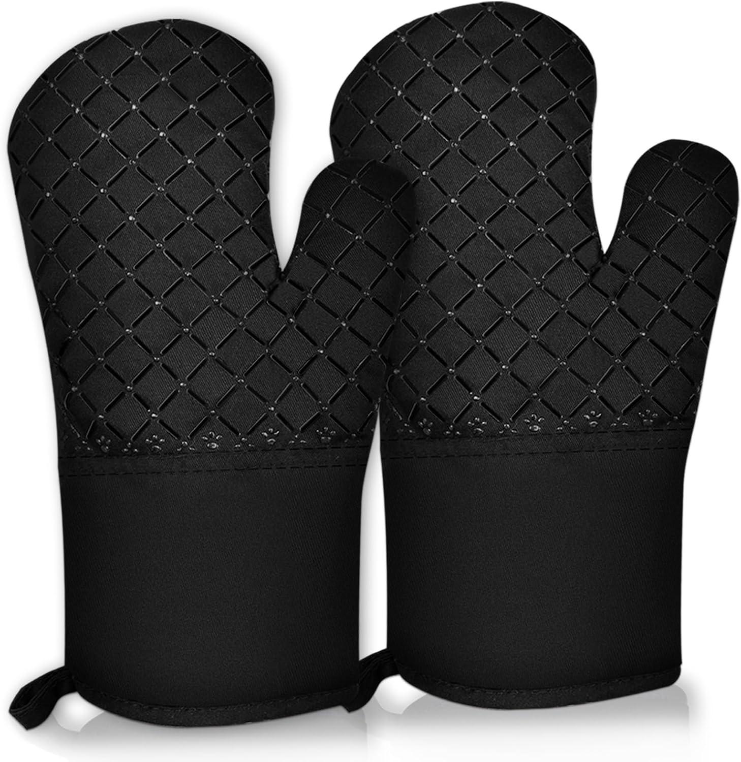 Black Silicone Heat-Resistant Oven Mitts with Cotton Lining