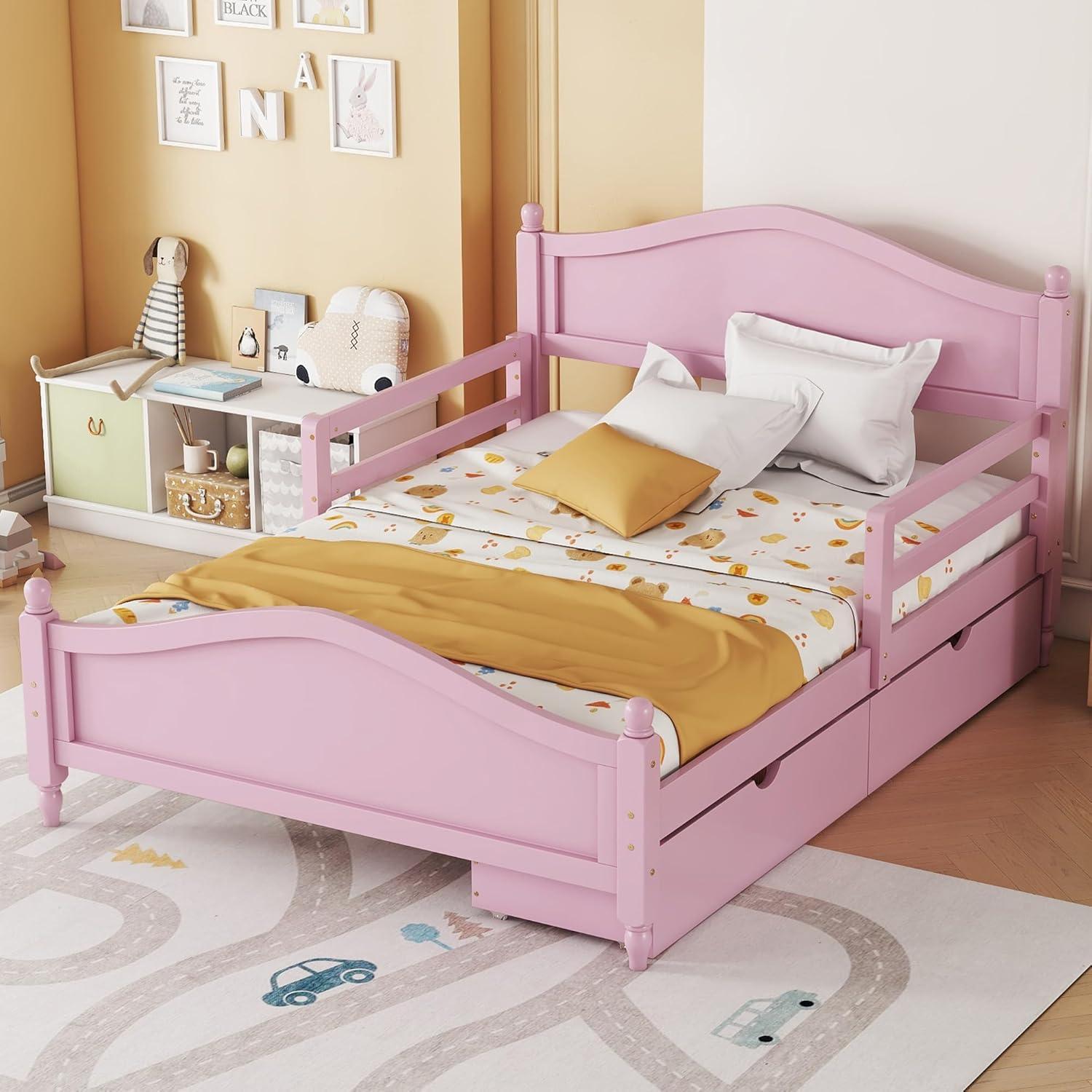 Harper & Bright Designs Kids Full Storage Bed Frame with 2 Drawers and Rails, Wood Platform Beds with Headboard and Footboard, Full Size Bed with Slat Support for Boys Girls,No Box Spring Needed,Pink