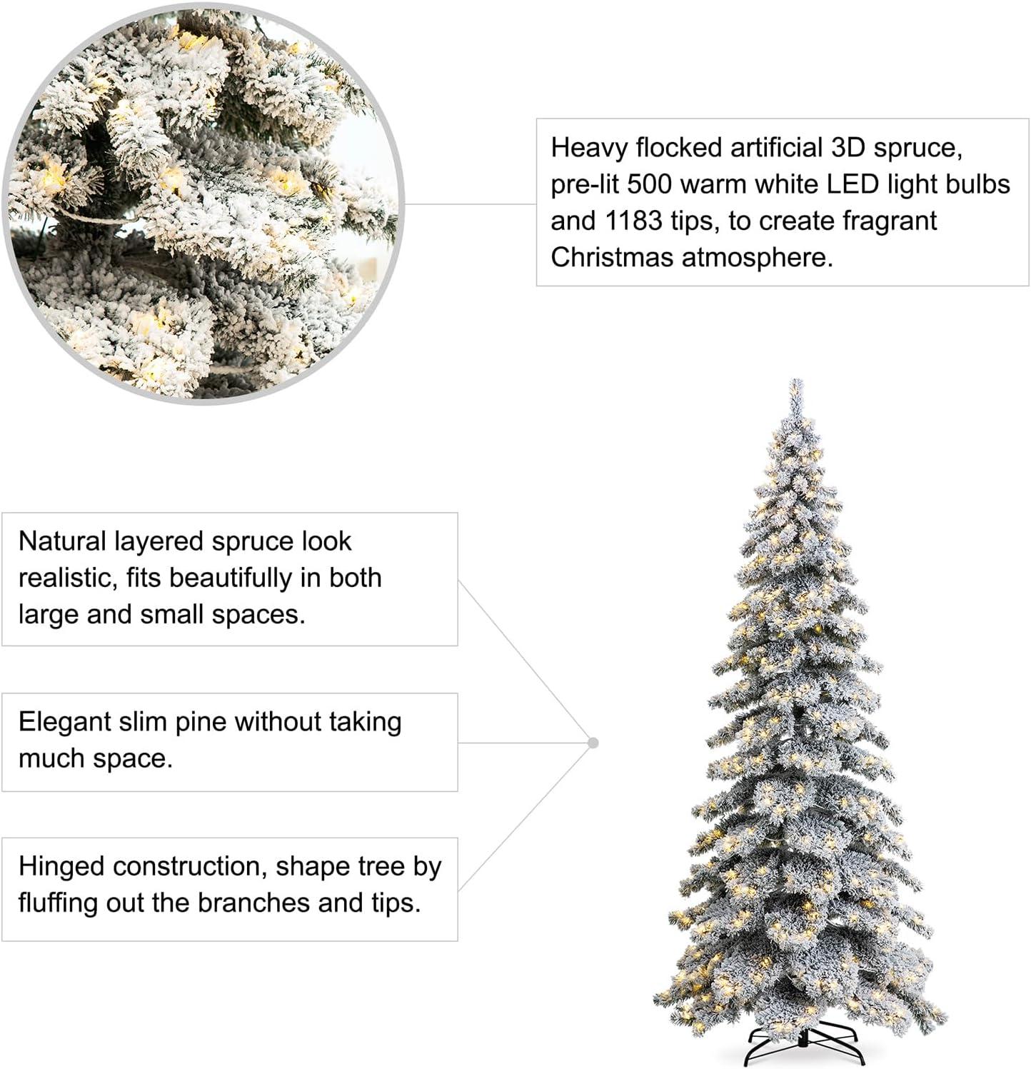 7.5ft Flocked Spruce Christmas Tree with Warm White LED Lights