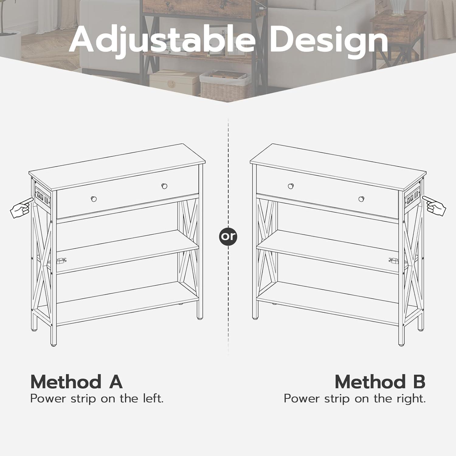 HOOBRO Console Table with Outlets and USB Ports, Narrow Entryway Table with Drawer, Small Sofa Table with 2 Storage Shelves, Behind Couch, Living Room, Hallway, Foyer, Kitchen, Rustic Brown BF88XG01