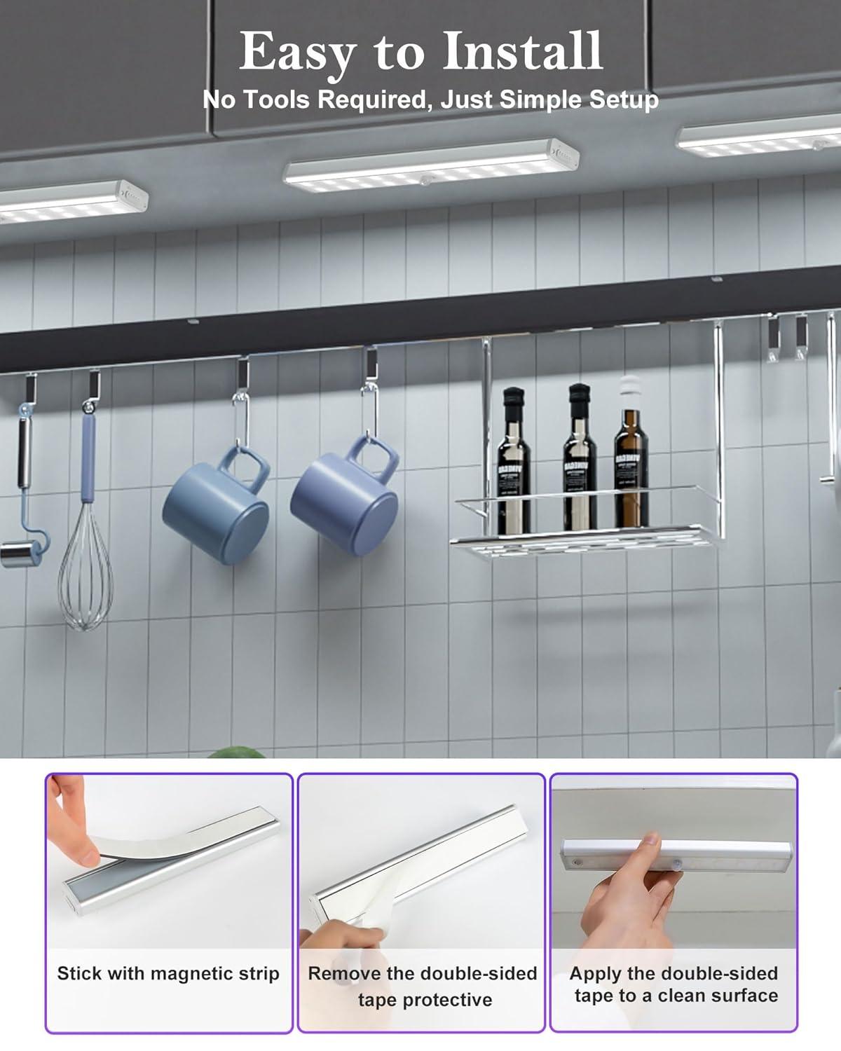 SZOKLED Under Cabinet Lights Wireless, 48-LED Under Cabinet Lighting Rechargeable, Closet Light with Timer & Dimmable, Under Counter Lights for Kitchen Shelf Pantry Desk (4 Packs)