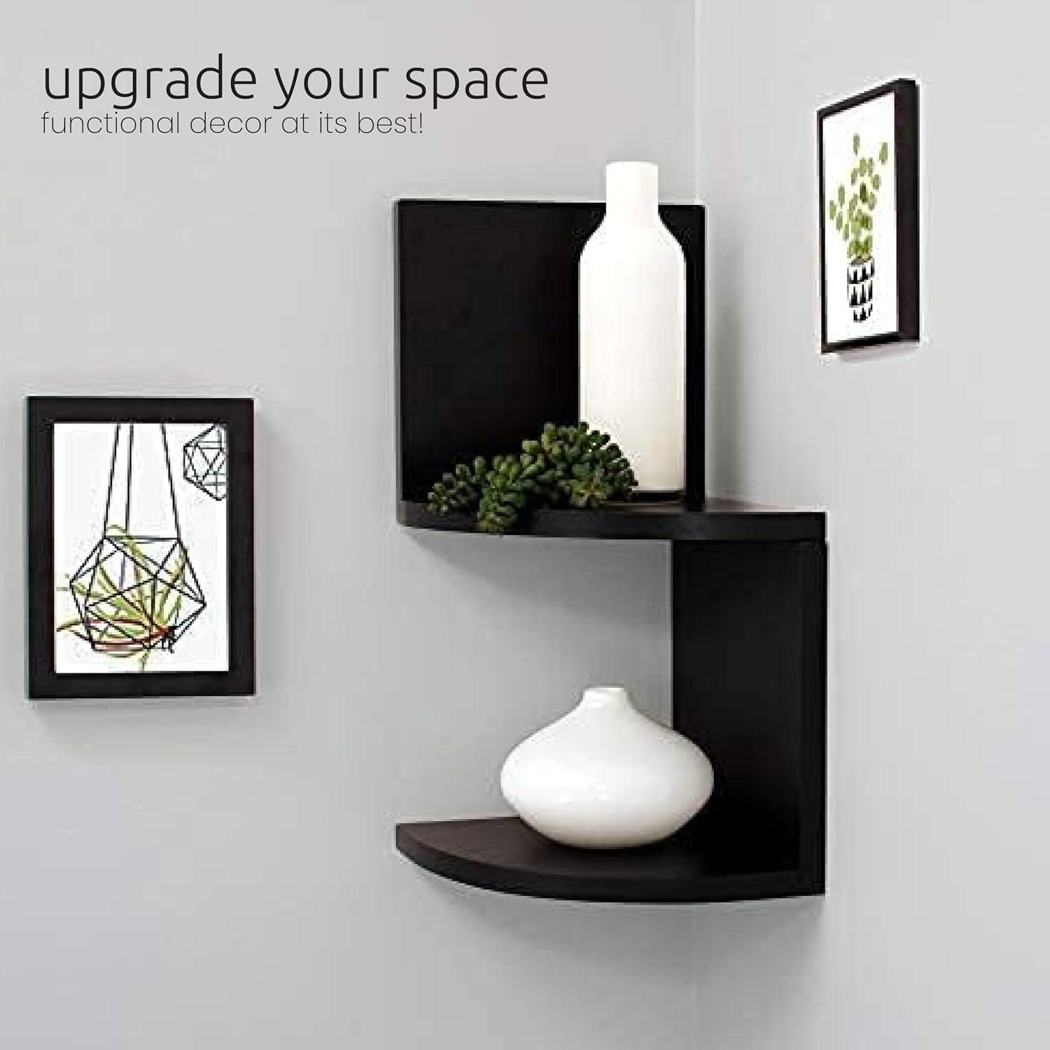 Black Wood Floating Corner Shelves Set for Wall